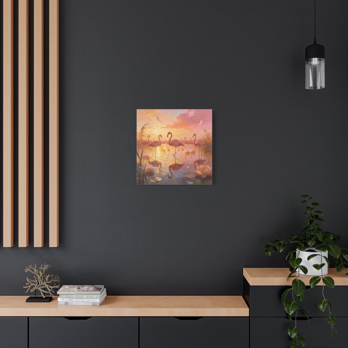 Pink Flamingo Canvas Wall Art - Sunset Wetland Birds, Lotus Pond Reflections - Dreamy Tropical Illustration, Matte Canvas Print - Living Room Wall Decor, Bedroom Home Decoration - Ready to Hang