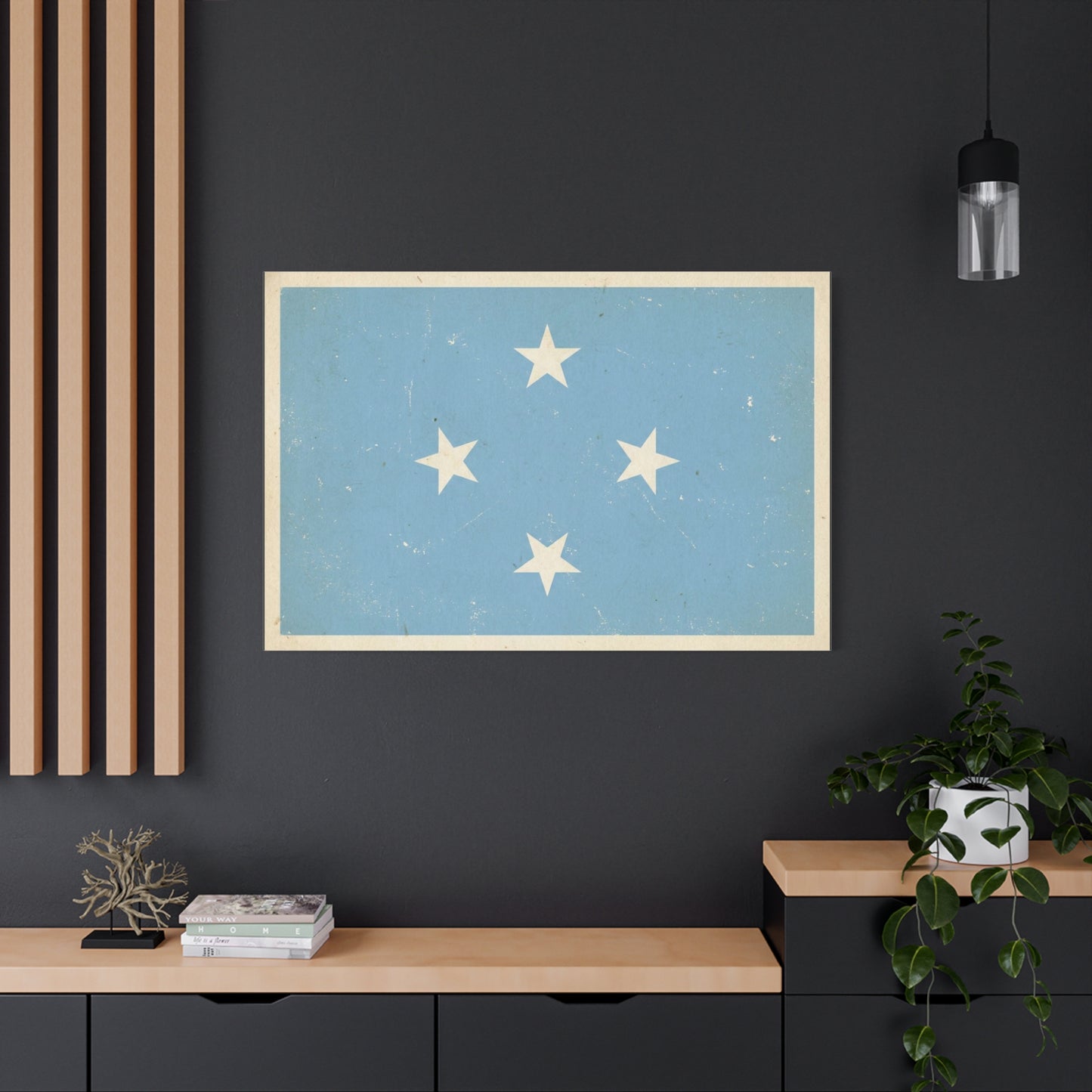 Micronesia Flag Canvas Wall Art - Vintage Blue Four White Stars Print - Distressed Patriotic Island Decor - Coastal Style Living Room Wall Decor, Bedroom Home Decoration - Bedroom Home Decoration