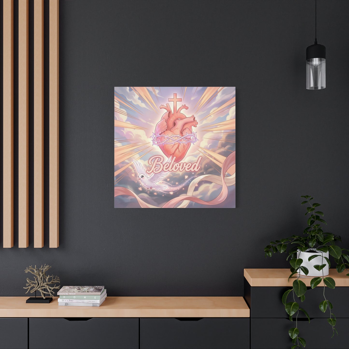 "Beloved" Sacred Heart Canvas Wall Art - Cross, Dove, Crown Of Thorns Christian Decor - Pink Pastel Religious Print - Inspirational Bedroom Home Decoration, Living Room Wall Decor - Ready to Hang