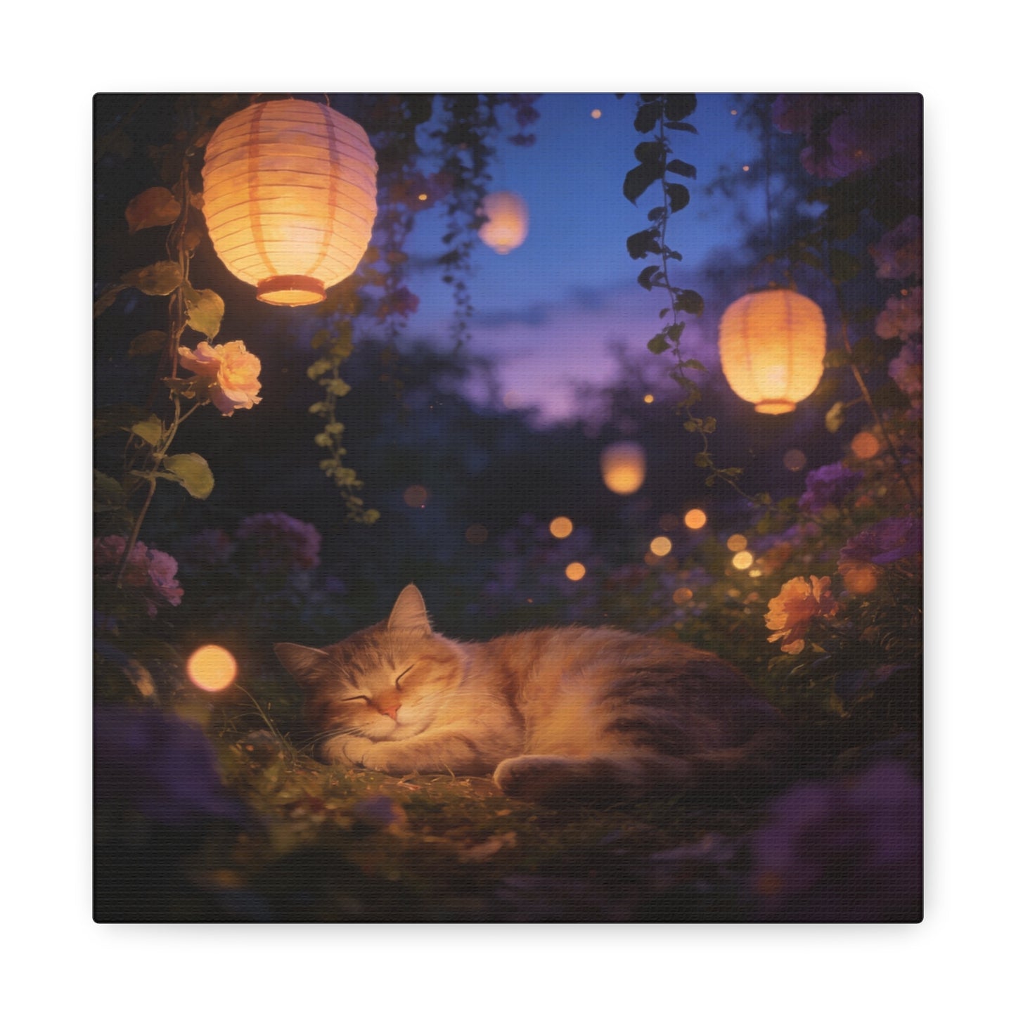 Sleeping Cat Canvas Wall Art - Lantern Lit Garden Night Scene, Dreamy Floral Canvas Print - Calming Cottagecore Style, Bedroom Wall Decor, Living Room Home Decoration - Bedroom Home Decoration
