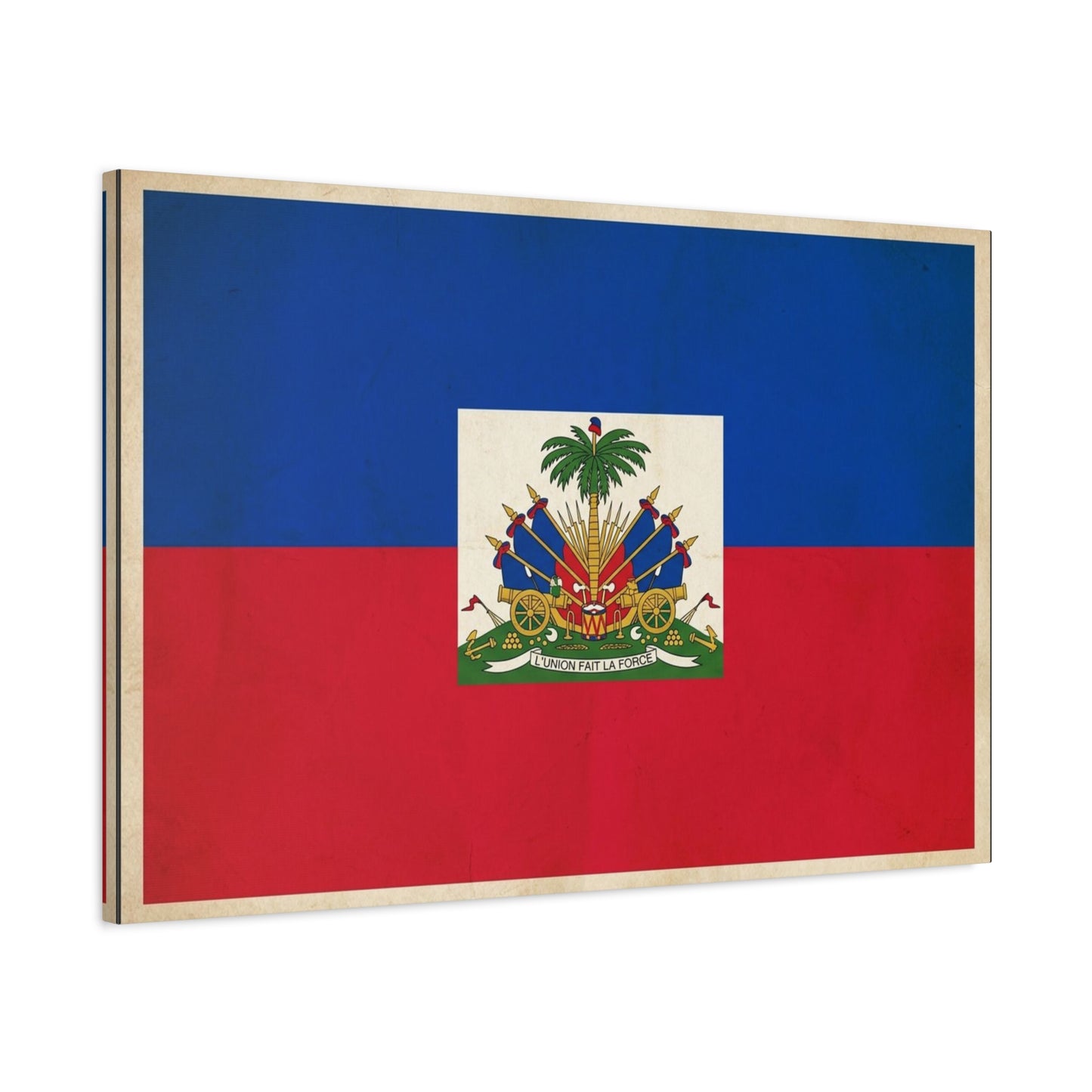 Haiti Flag Canvas Wall Art - Haitian Flag Print With Coat Of Arms, Patriotic Blue Red Banner - Framed Look Matte Canvas - Living Room Wall Decor, Bedroom Home Decoration - Bedroom Home Decoration