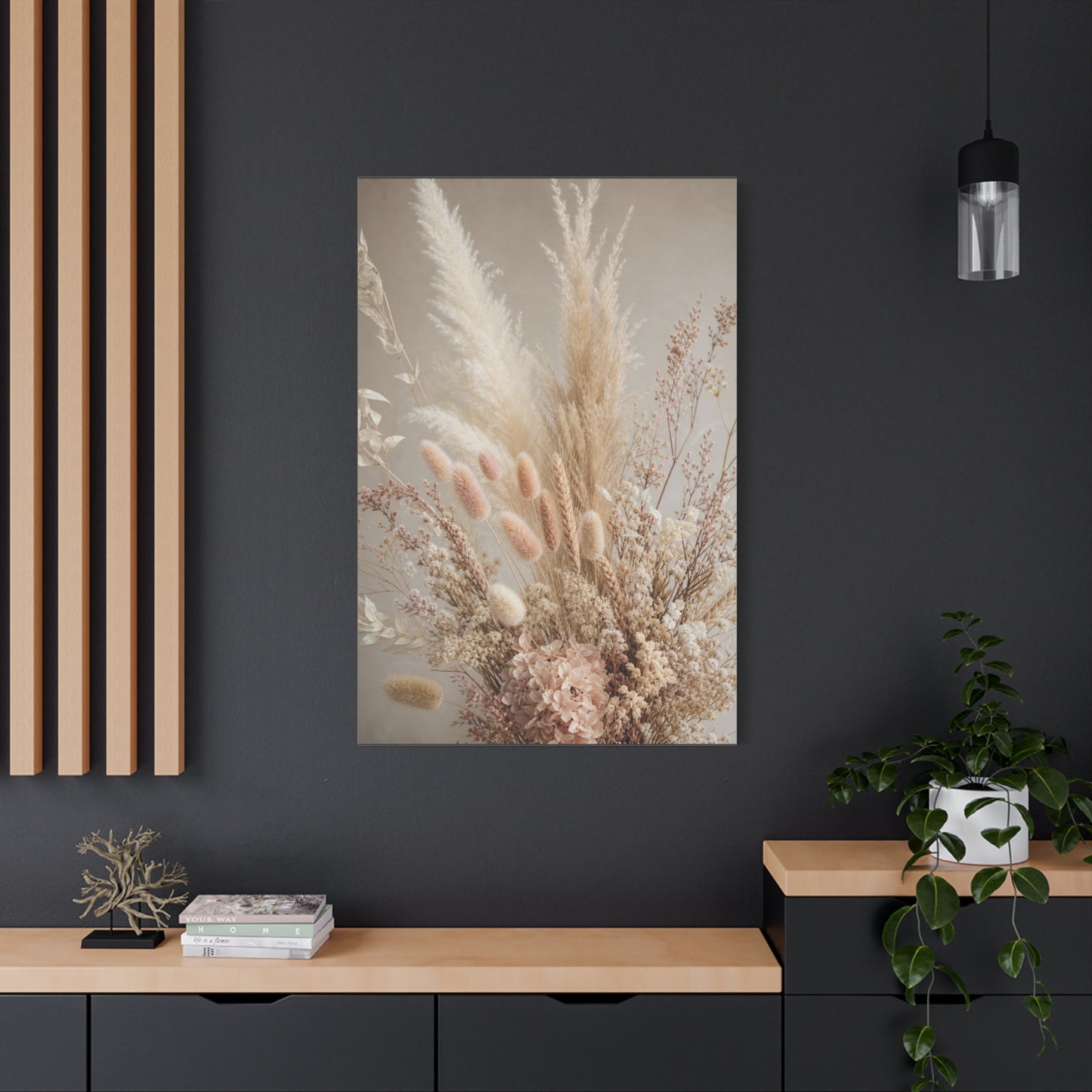 Dried Pampas Grass Floral Canvas Wall Art - Neutral Botanical Bouquet, Blush Bunny Tail Stems, Cotton Canvas Print - Bohemian Farmhouse Style - Bedroom Wall Decor, Spa Accent - Bedroom Home Decoration