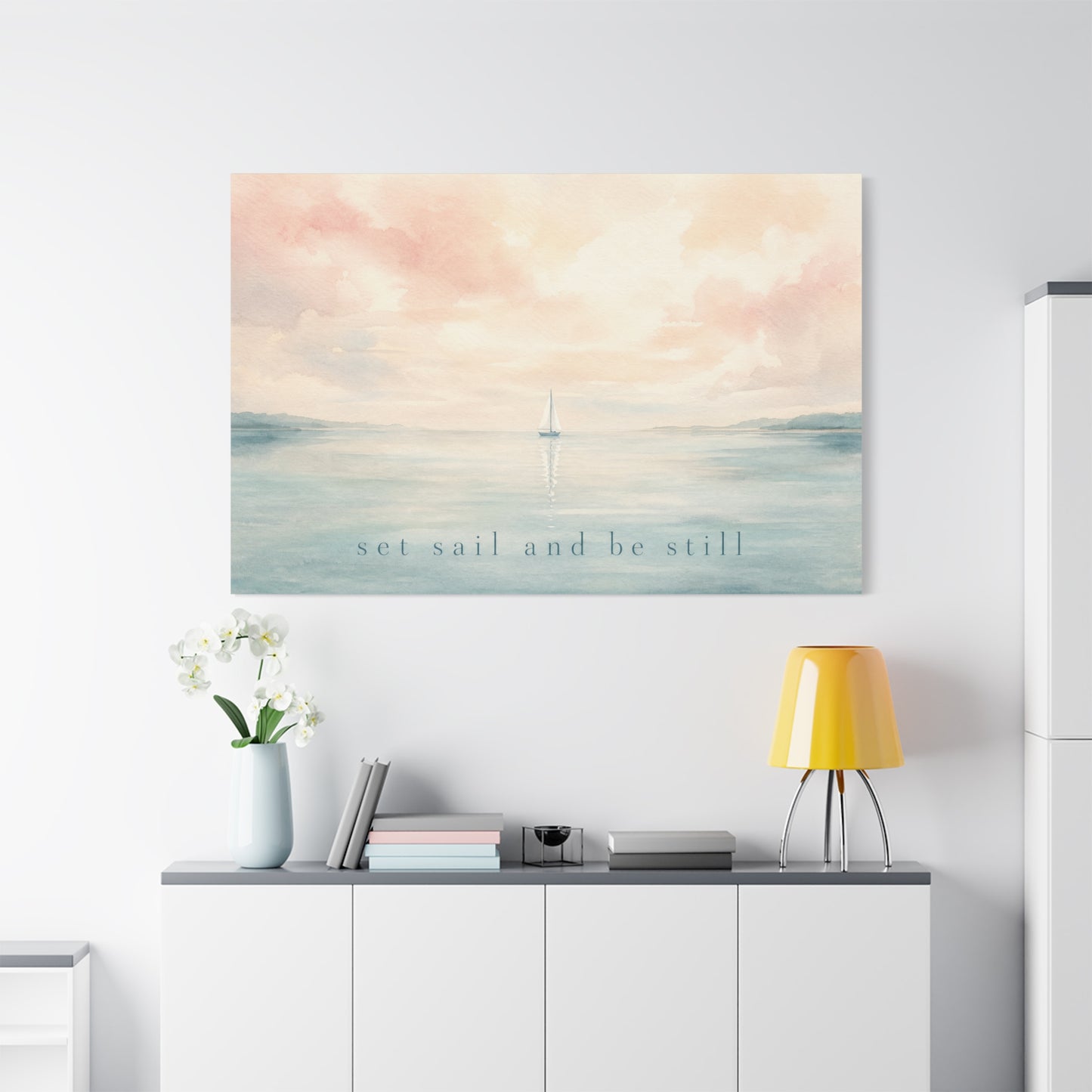 "Set Sail And Be Still" Sailboat Canvas Wall Art - Coastal Seascape Quote Print, Soft Pastel Watercolor, Serene Bedroom Decor, Living Room Wall Decor, Meditation Space Home Accent - Ready to Hang