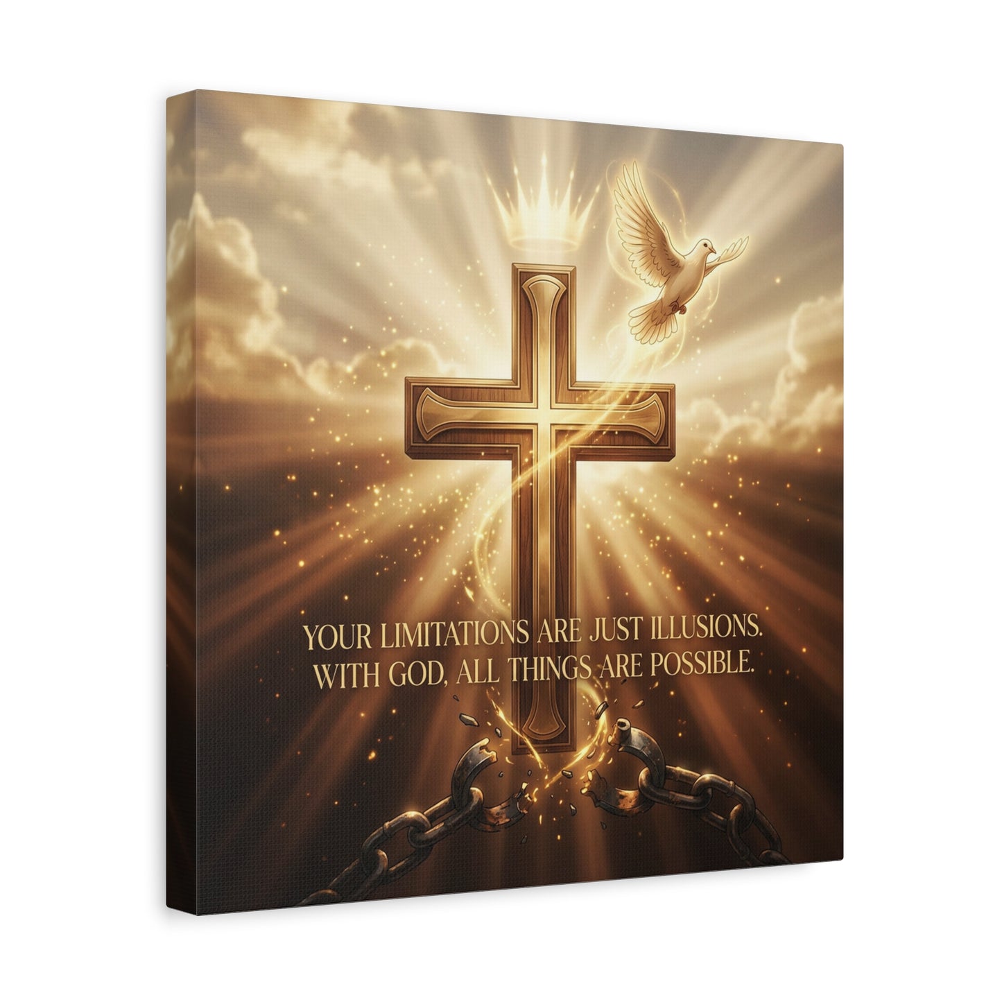 "Your Limitations Are Just Illusions. With God, All Things Are Possible." Christian Canvas Wall Art - Glowing Cross, White Dove, Crown, Broken Chains - Gold Religious Wall Decor For Living Room