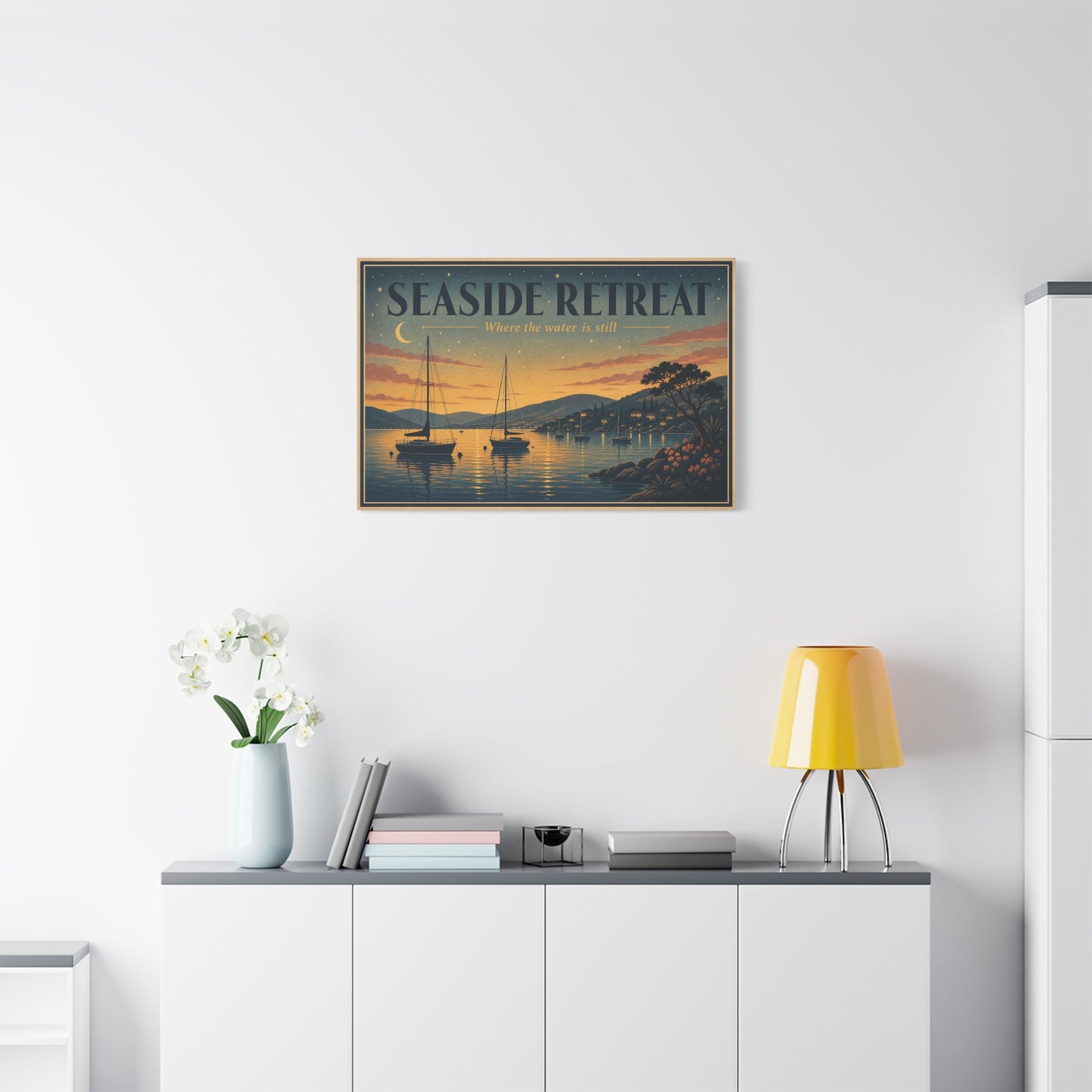 "Seaside Retreat Where The Water Is Still" Coastal Canvas Wall Art - Vintage Sailboat Harbor Sunset Print, Nautical Seascape Decor - Living Room Bedroom Wall Decor - Ready to Hang - Ready to Hang