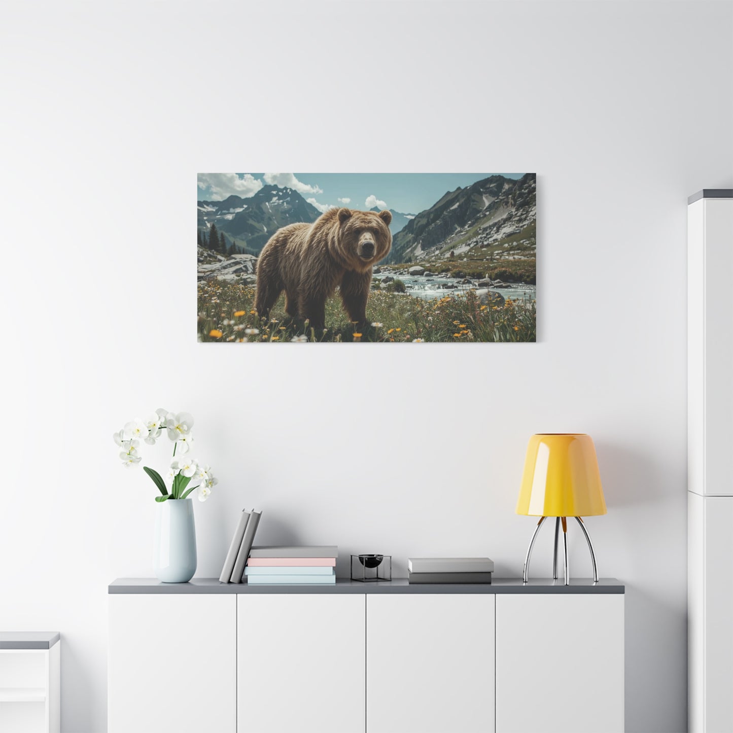 Grizzly Bear Canvas Wall Art - Alpine Mountain Meadow Wildlife Art Print - Rustic Nature Decor, Cotton Canvas - Living Room Wall Decor, Lodge Bedroom Home Decoration - Bedroom Home Decoration