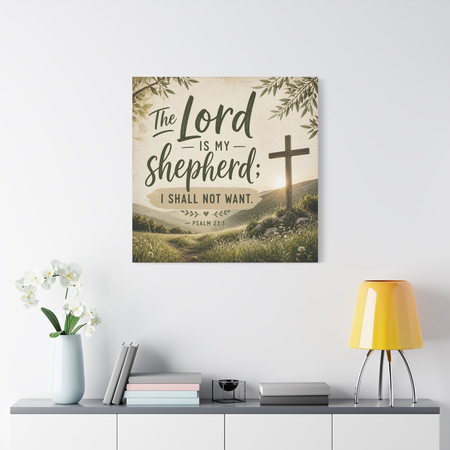 "The Lord Is My Shepherd, I Shall Not Want. - Psalm 23:1" Christian Canvas Wall Art - Rustic Cross Meadow Landscape, Farmhouse Scripture Decor, Bedroom Living Room Wall Hanging - Ready to Hang