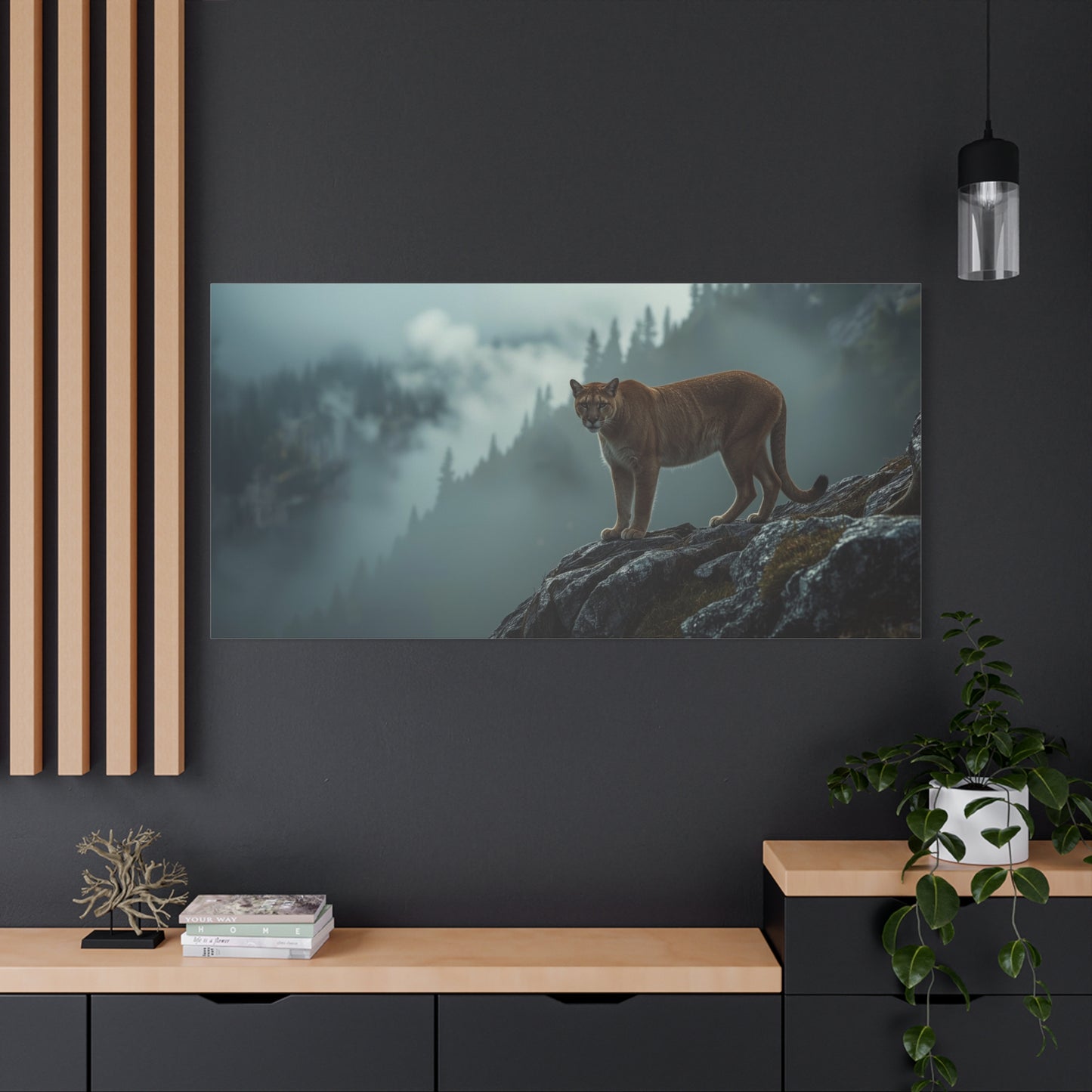 Mountain Lion Canvas Wall Art - Misty Forest Wildlife Landscape, Matte Canvas Print - Moody Contemporary Nature Decor - Living Room Wall Decor, Office Art, Rustic Lodge Accent - Modern Farmhouse Style