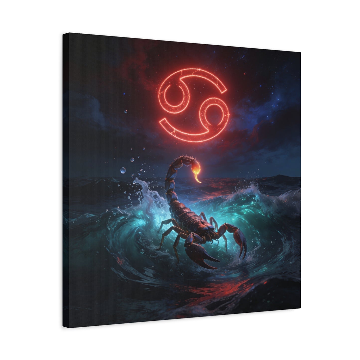 Cancer Zodiac Canvas Wall Art - Neon Crab Ocean Astrology Print, Celestial Night Seascape, Matte Canvas Decor, Bedroom Home Decoration, Living Room Wall Decor, Modern Space Style - Ready to Hang
