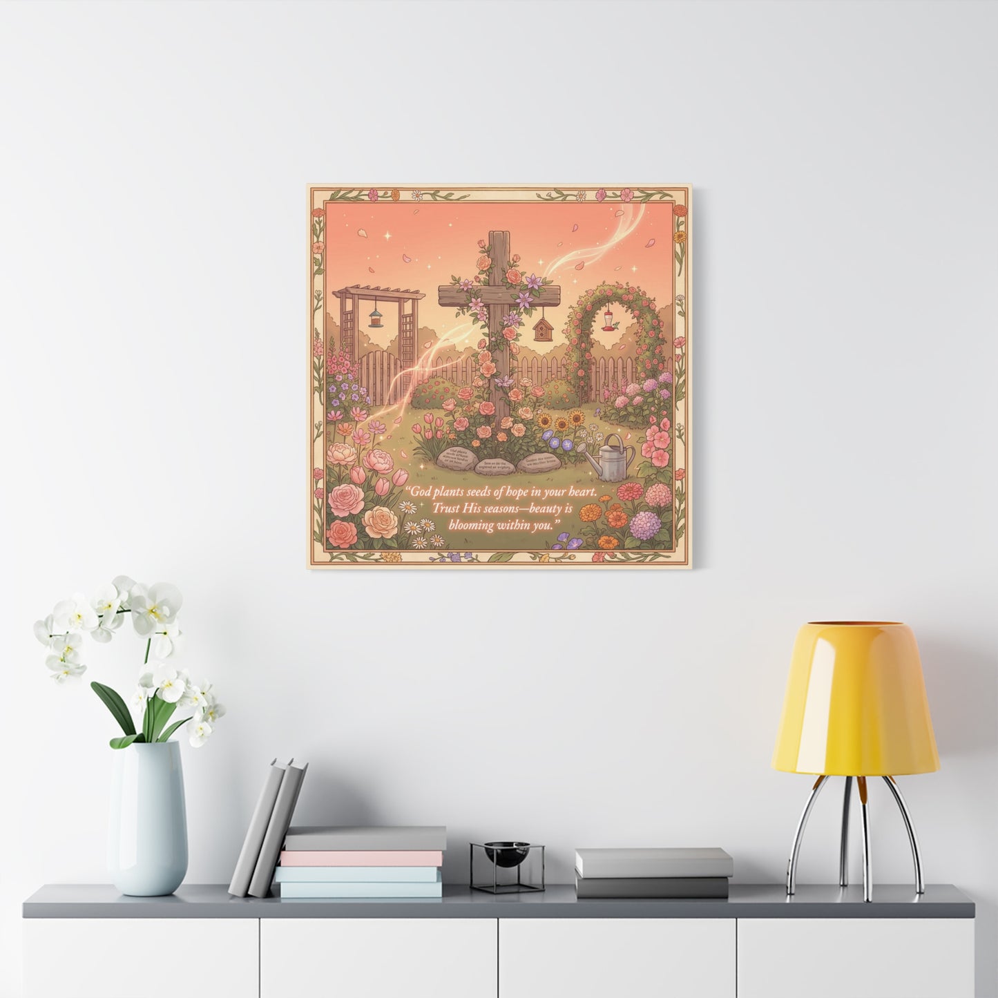 "God Plants Seeds Of Hope In Your Heart" Christian Canvas Wall Art - Floral Cross Garden Scripture Print, Matte Cotton Decor - Inspirational Bedroom Home Decoration, Living Room Accent - Ready to Hang