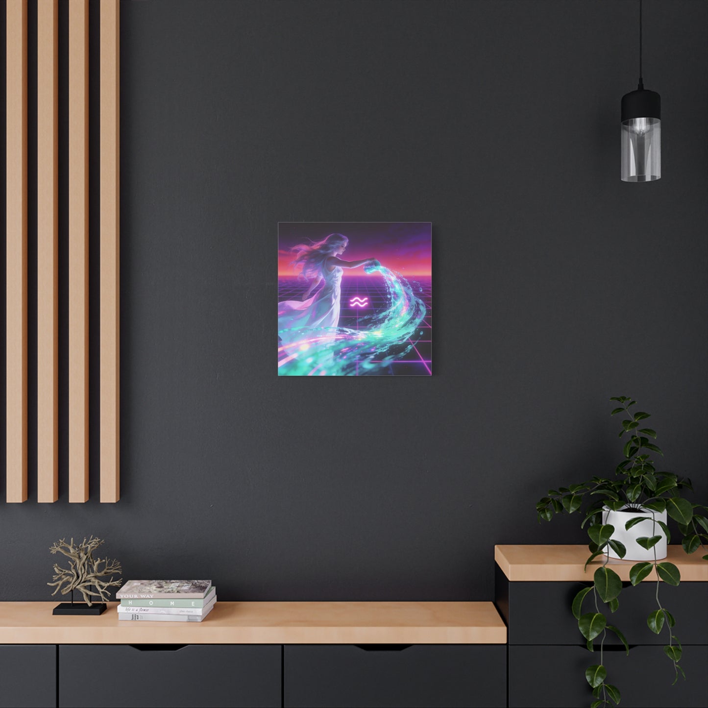 Aquarius Woman Canvas Wall Art - Neon Water Bearer Zodiac Illustration, Retro Synthwave Aesthetic - Matte Canvas Print - Bedroom Wall Decor, Home Office Accent, Mystical Decor - Modern Farmhouse Style