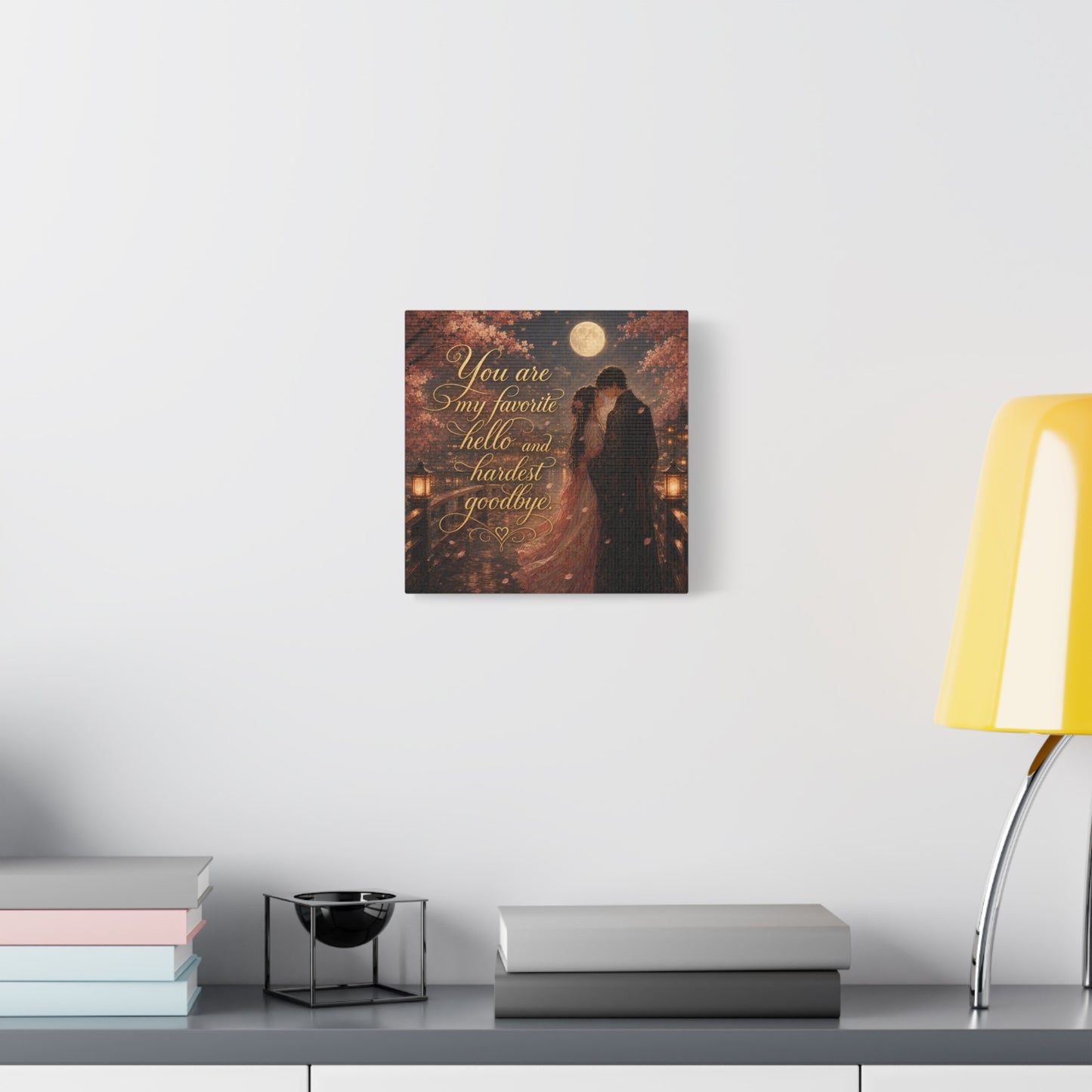 "You Are My Favorite Hello And Hardest Goodbye" Romantic Canvas Wall Art - Moonlit Cherry Blossom Couple, Gold Script Quote Print - Traditional Love Decor, Bedroom Wall Hanging - Cozy Reading Nook Art