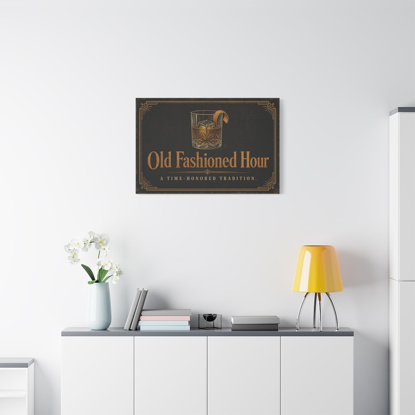 "Old Fashioned Hour" Canvas Wall Art - Vintage Whiskey Glass Quote Print, Art Deco Bar Cart Decor - Matte Cotton Wall Hanging - Speakeasy Lounge Style, Home Bar - Ready to Hang - Cocktail Lounge Decor