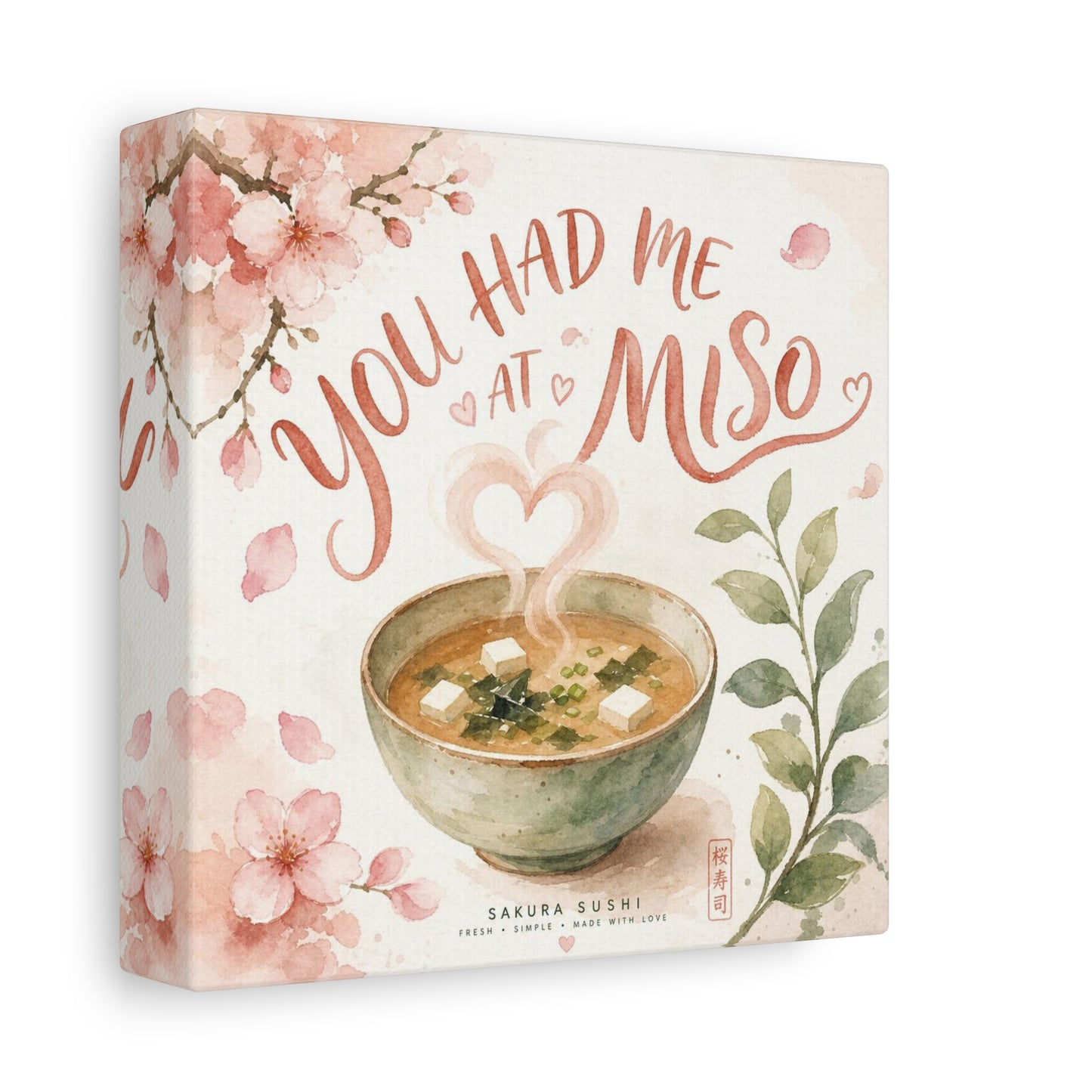 "You Had Me At Miso" Canvas Wall Art - Watercolor Soup Bowl, Cherry Blossom Typography - Japanese Food Illustration, Pink Botanical Style - Kitchen Wall Decor, Dining Room Accent - Ready to Hang