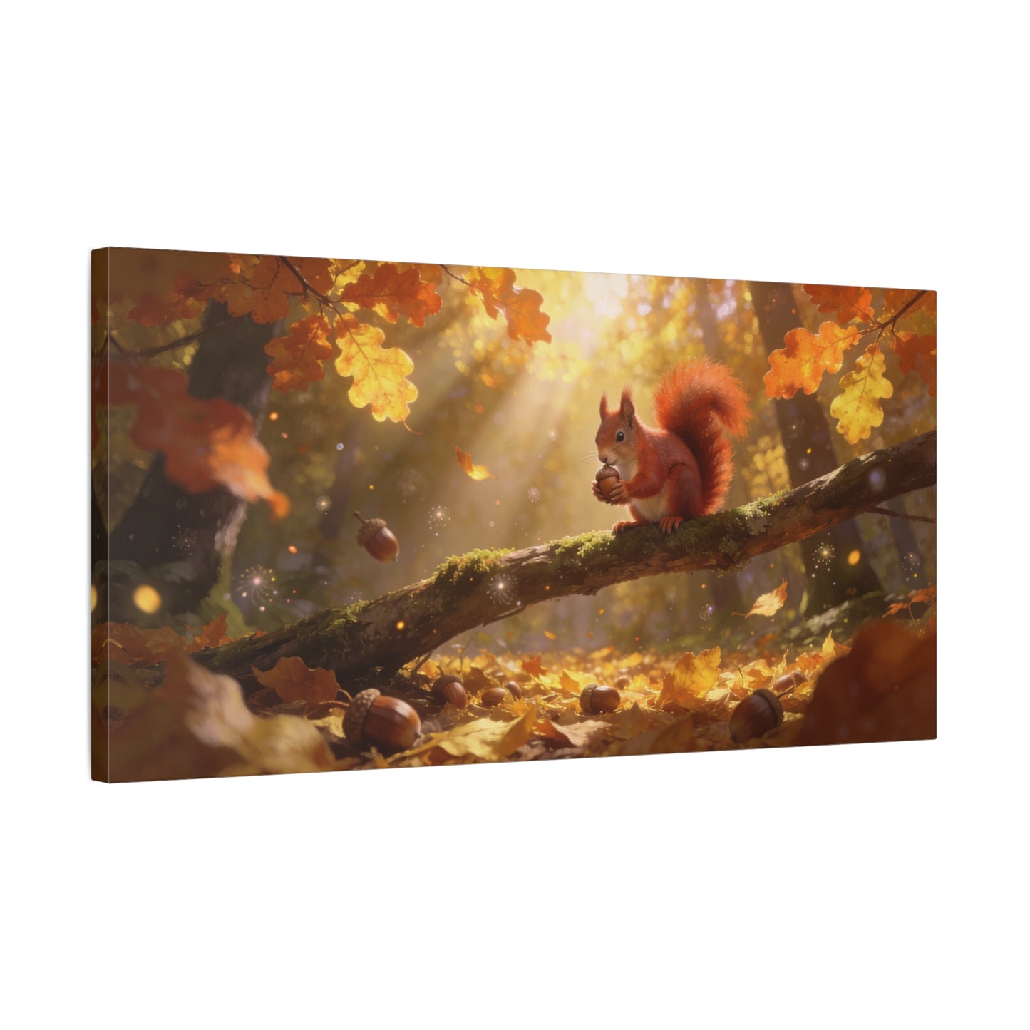 Red Squirrel Canvas Wall Art - Autumn Forest Acorn Scene, Golden Sunlight, Matte Cotton Print - Rustic Woodland Decor, Living Room Accent, Bedroom Decoration, Office Nature Artwork - Office Wall Art