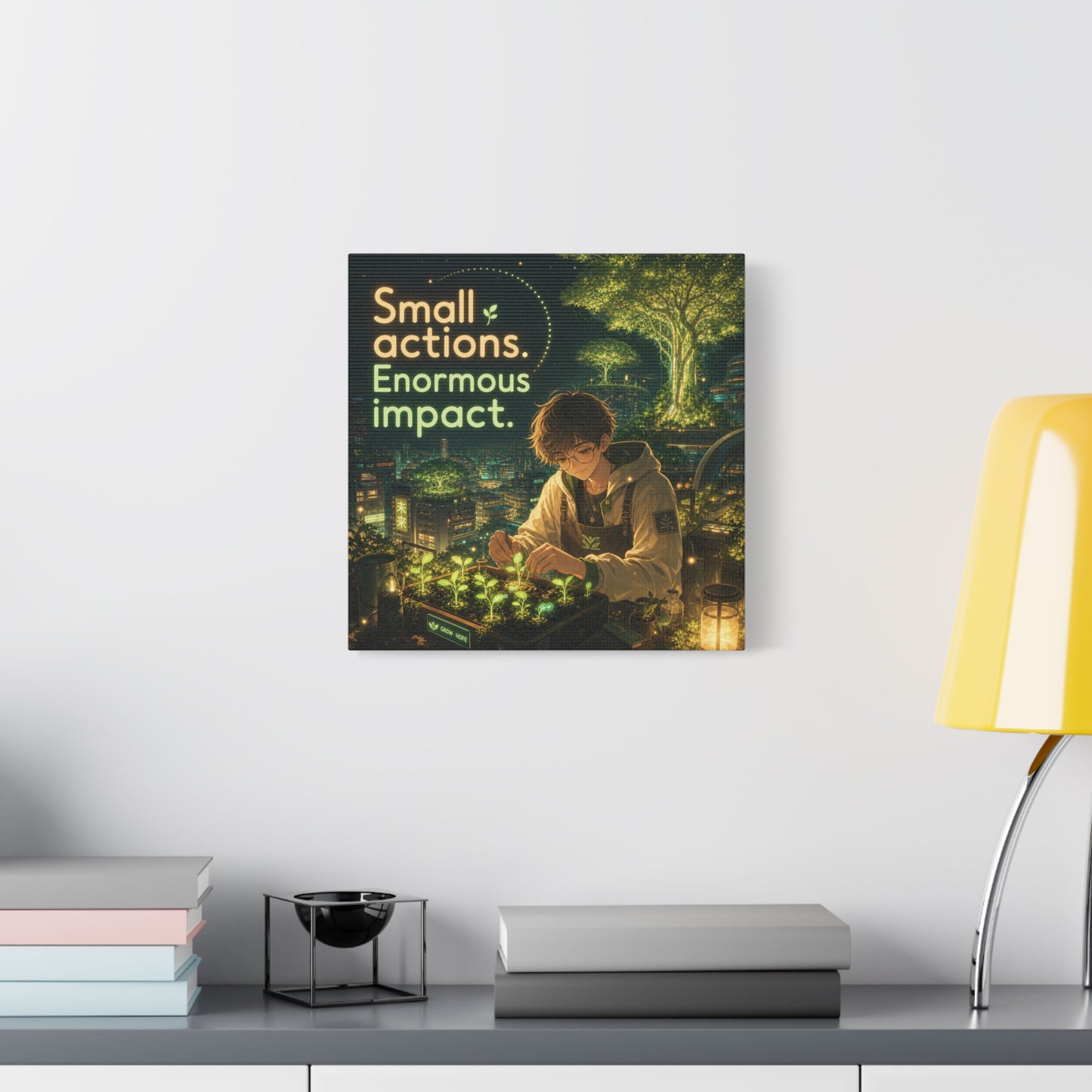 "Small Actions. Enormous Impact." Inspirational Canvas Wall Art - Anime Boy Gardening Cityscape - Glowing Green Night Illustration - Bedroom Home Decoration, Home Office Decor - Living Room Wall Decor