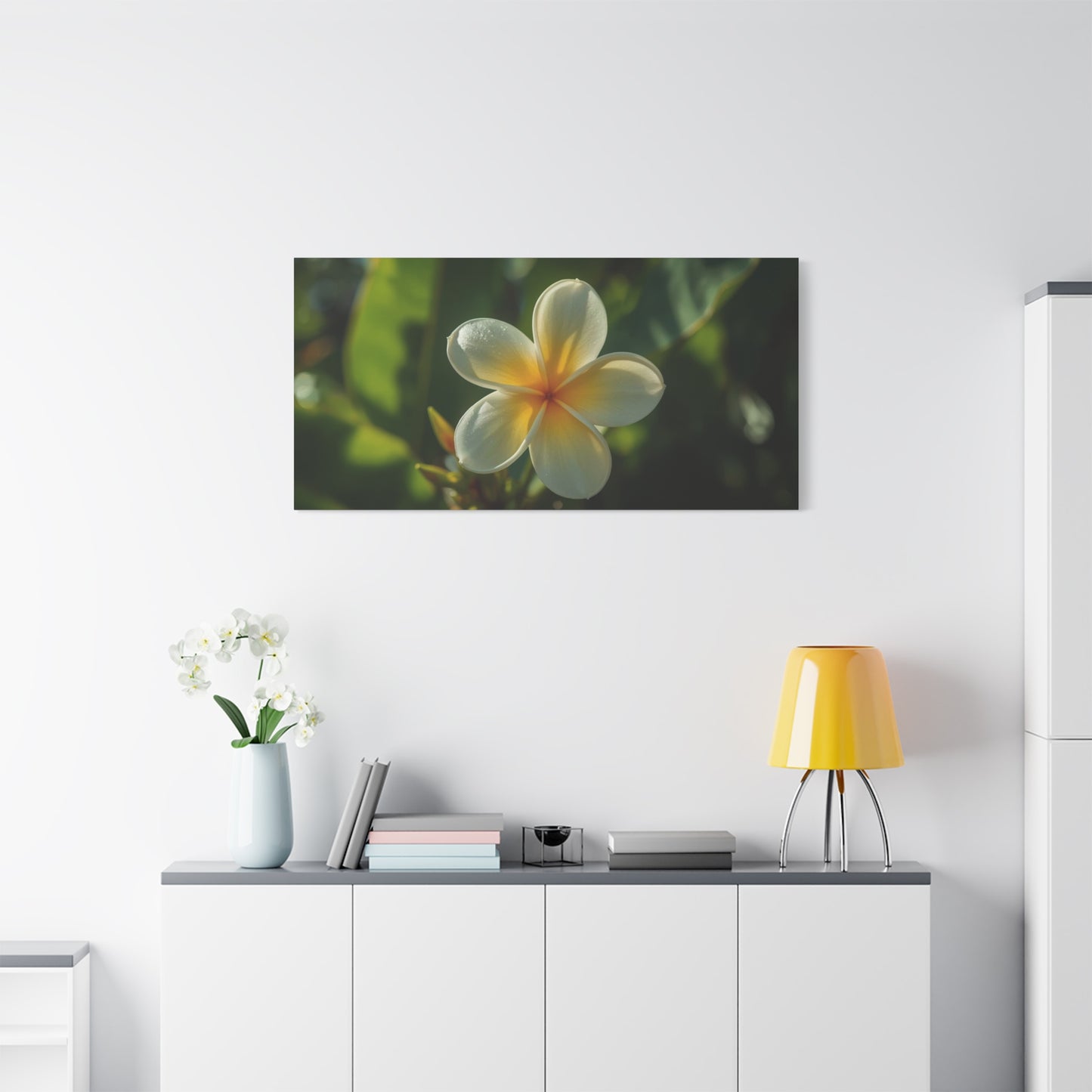 Plumeria Flower Canvas Wall Art - Tropical Floral Art Print, Soft Golden Light - Matte Cotton Art Print - Coastal Style, Bedroom Decoration, Bathroom Accent, Spa Inspired Decor - Ready to Hang
