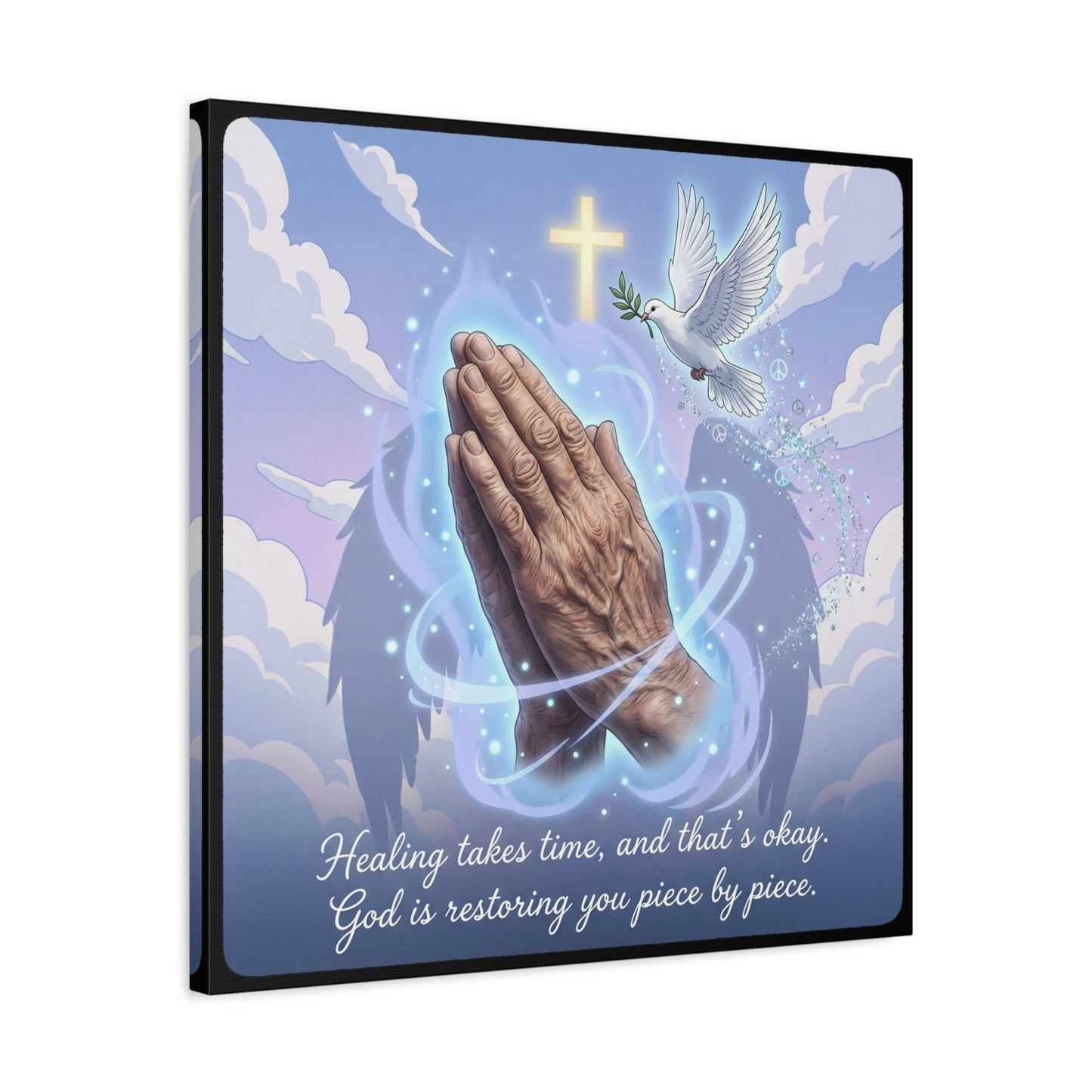 "Healing Takes Time, And That’s Okay. God Is Restoring You Piece By Piece." Christian Canvas Wall Art - Praying Hands, Dove, Cross - Faith Inspired Blue Sky Decor - Bedroom Living Room Office