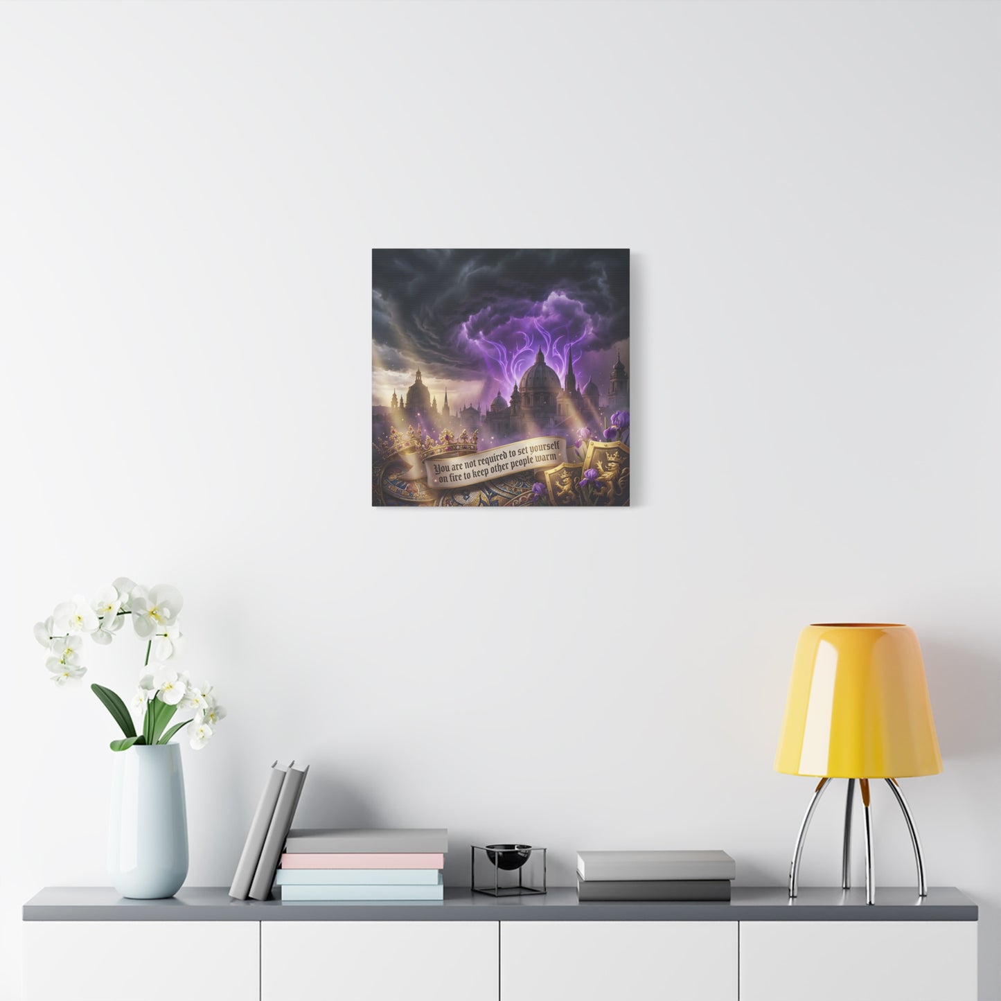 "You Are Not Required To Set Yourself On Fire" Canvas Wall Art - Gothic Castle Quote Decor, Purple Storm Sky, Crown And Iris Fantasy Print - Bedroom Home Decoration, Living Room Accent - Ready to Hang