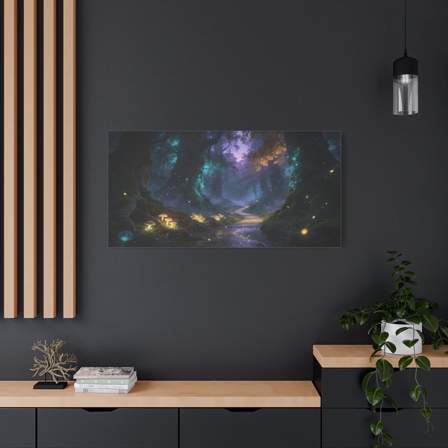 Enchanted Forest Canvas Wall Art - Glowing Mushrooms, Moonlit Woodland Path - Dreamy Fantasy Landscape - Matte Cotton Canvas Print - Living Room Wall Decor, Bedroom Home Decoration - Ready to Hang
