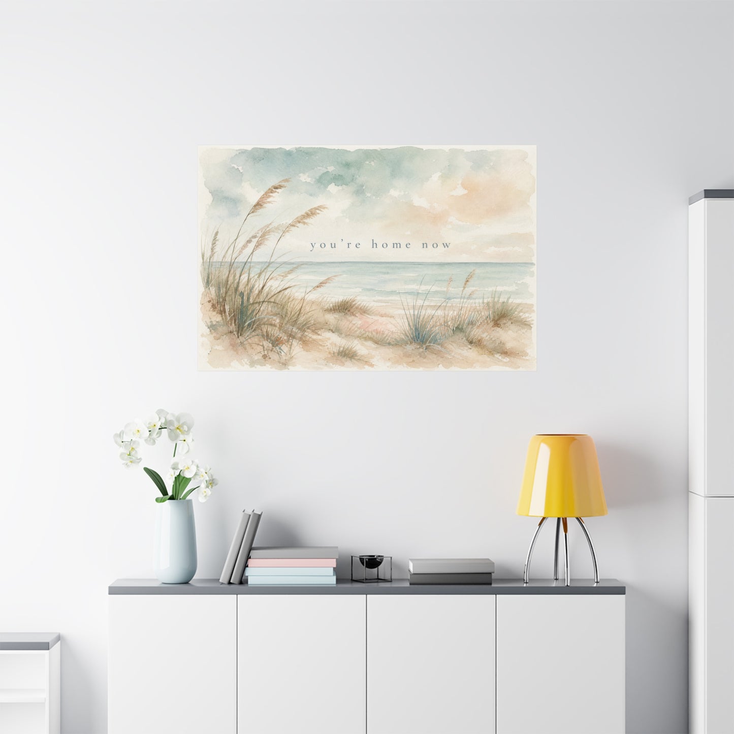 "You'Re Home Now" Coastal Canvas Wall Art - Beach Dune Watercolor Seascape - Soft Blue Beige Shore Scene - Traditional Coastal Style - Living Room Wall Decor, Bedroom Home Decoration - Ready to Hang