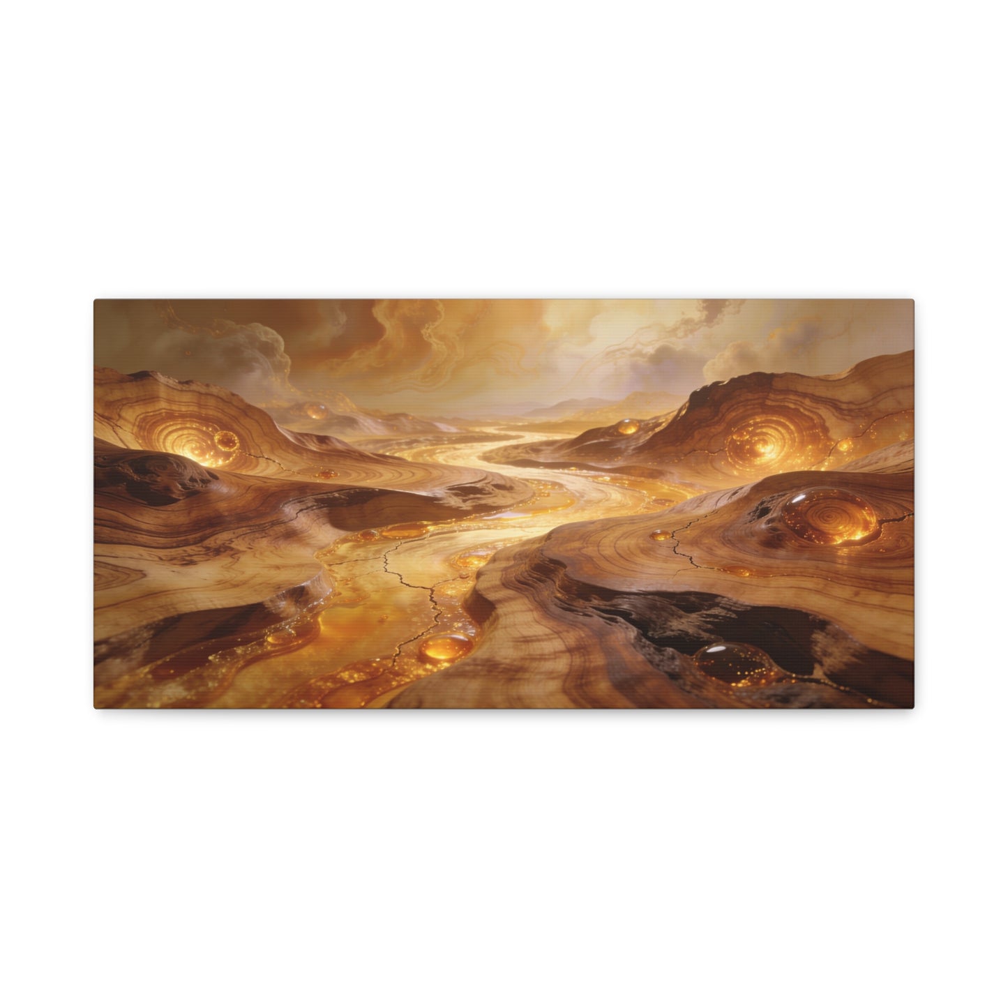Golden Abstract Landscape Canvas Wall Art - Glowing River, Swirling Stone Forms - Contemporary Matte Canvas Print - Living Room Wall Decor, Bedroom Home Decoration, Office Art - Modern Farmhouse Style