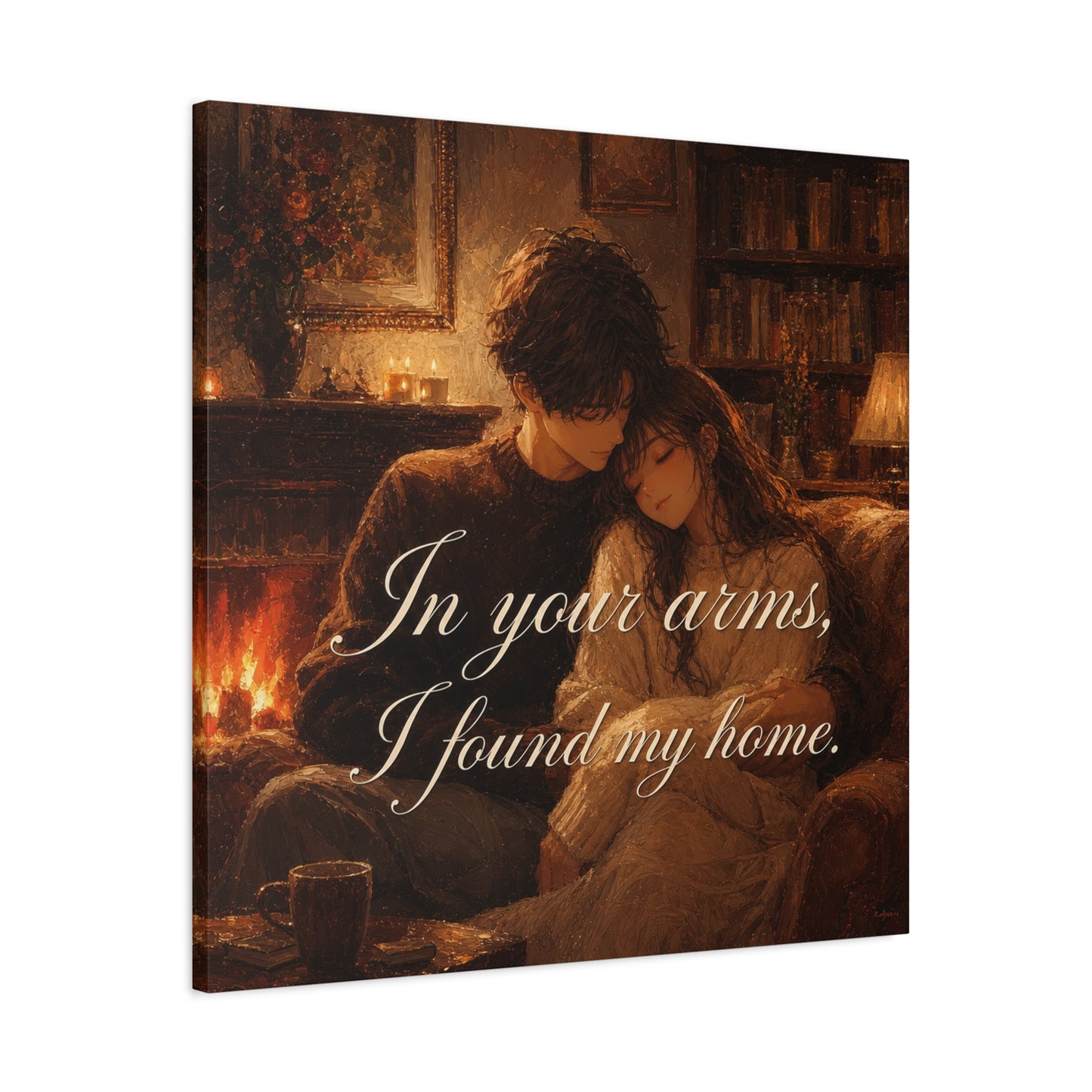 "In Your Arms, I Found My Home" Romantic Couple Canvas Wall Art - Cozy Fireplace Library Scene, Warm Vintage Style - Bedroom Home Decoration, Living Room Accent - Ready to Hang - Office Wall Art