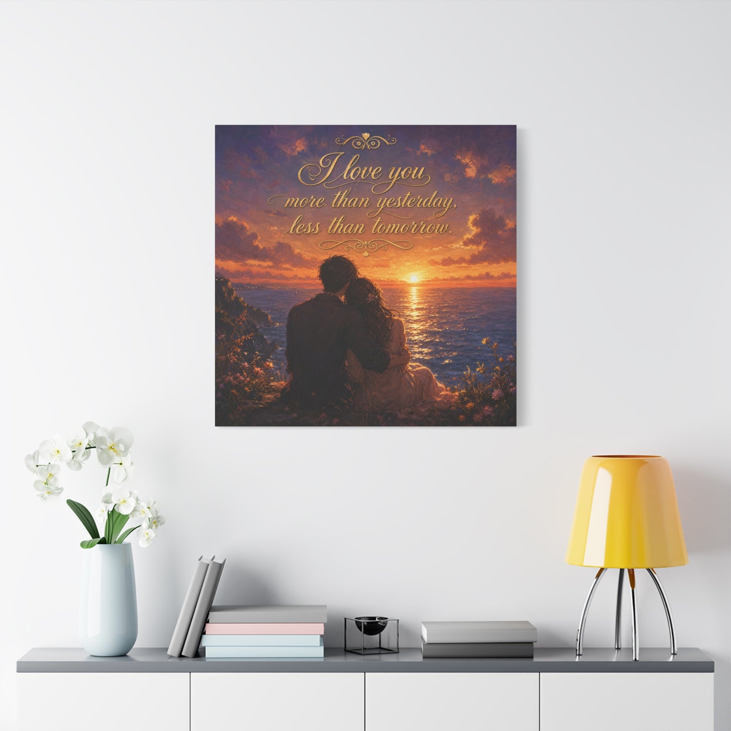 "I Love You More Than Yesterday, Less Than Tomorrow." Love Quote Canvas Wall Art - Romantic Sunset Ocean Couple Silhouette - Gold Script Seascape - Bedroom Wall Decor - Ready to Hang - Ready to Hang