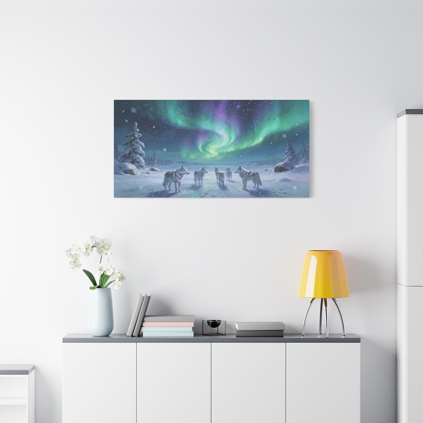 Arctic Wolf Pack Canvas Wall Art - Aurora Borealis Snowy Winter Landscape, Northern Lights Canvas Print, Blue Green Purple Sky, Living Room Wall Decor, Bedroom Home Decoration - Modern Farmhouse Style