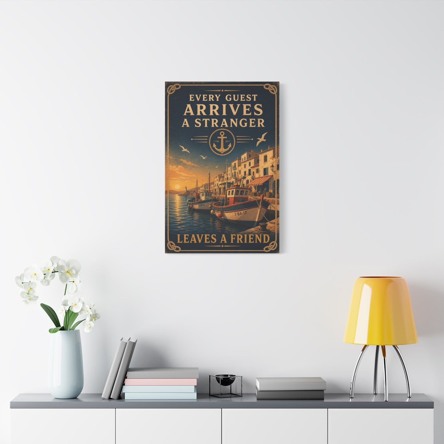 "Every Guest Arrives A Stranger Leaves A Friend" Nautical Canvas Wall Art - Vintage Harbor Sunset, Coastal Typography Print, Anchor Sailor Decor, Living Room Wall Decor - Bedroom Home Decoration
