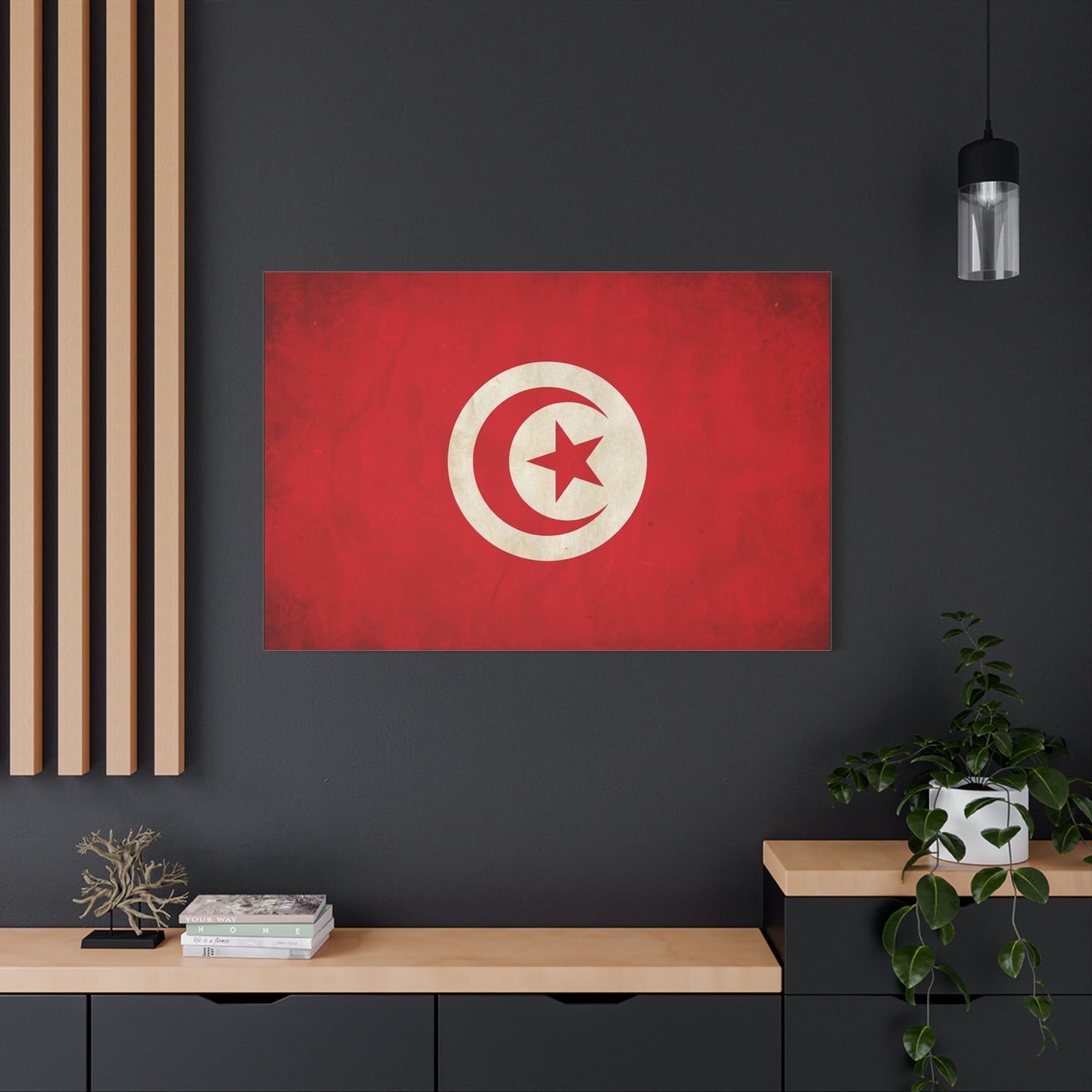 Tunisia Flag Canvas Wall Art - Vintage Red Crescent Star Print, Patriotic Country Decor - Matte Cotton Artwork - Living Room Wall Decor - Bedroom Home Decoration - Bedroom Home Decoration