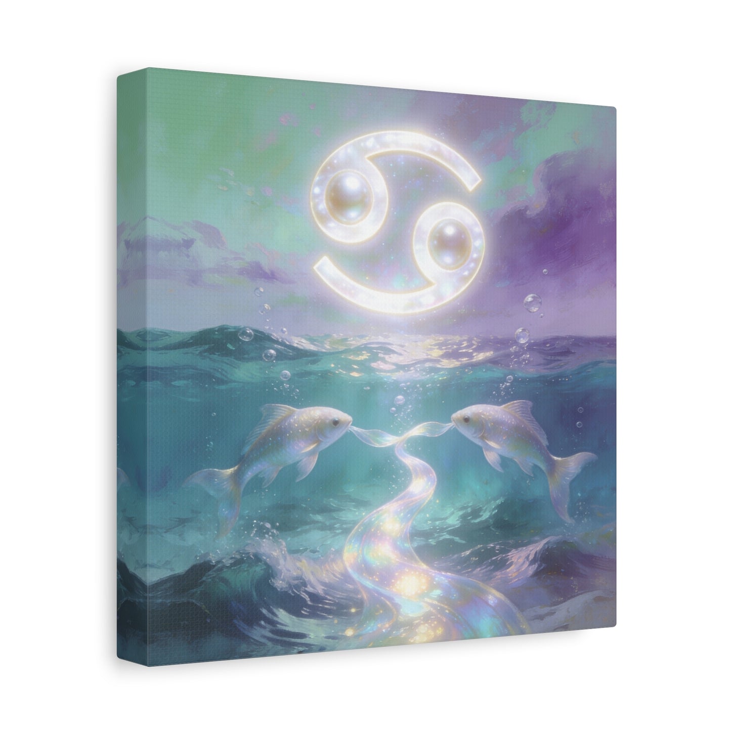 Cancer Zodiac Canvas Wall Art - Two Pearl Fish Ocean Illustration, Celestial Astrology Decor - Iridescent Matte Canvas Print - Mystical Coastal Style For Bedroom Living Room - Living Room Wall Decor