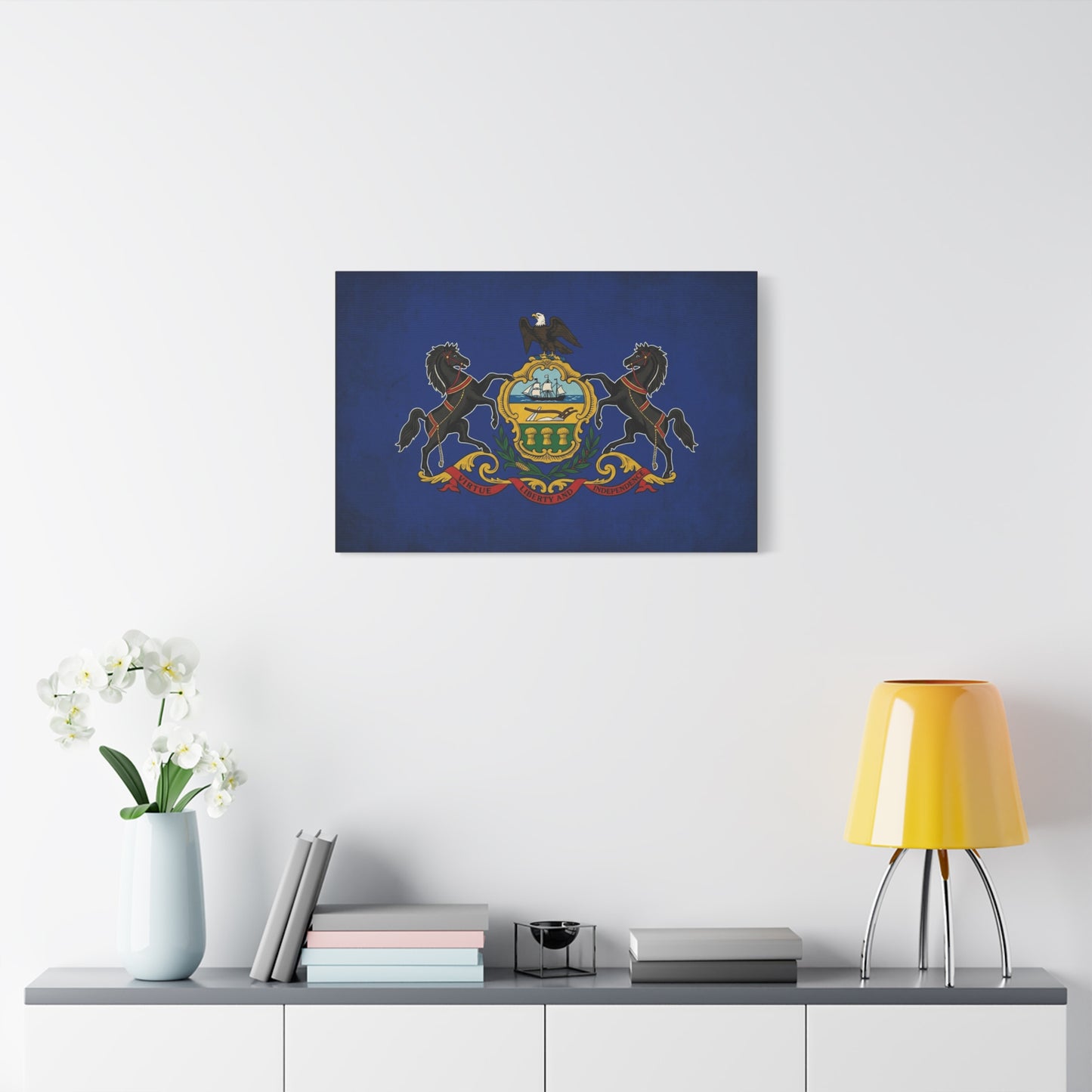 Pennsylvania State Flag Canvas Wall Art - Virtue Liberty And Independence Crest Print - Blue Keystone Commonwealth Decor - Vintage Heraldic Style - Living Room Home Decoration - Living Room Wall Decor