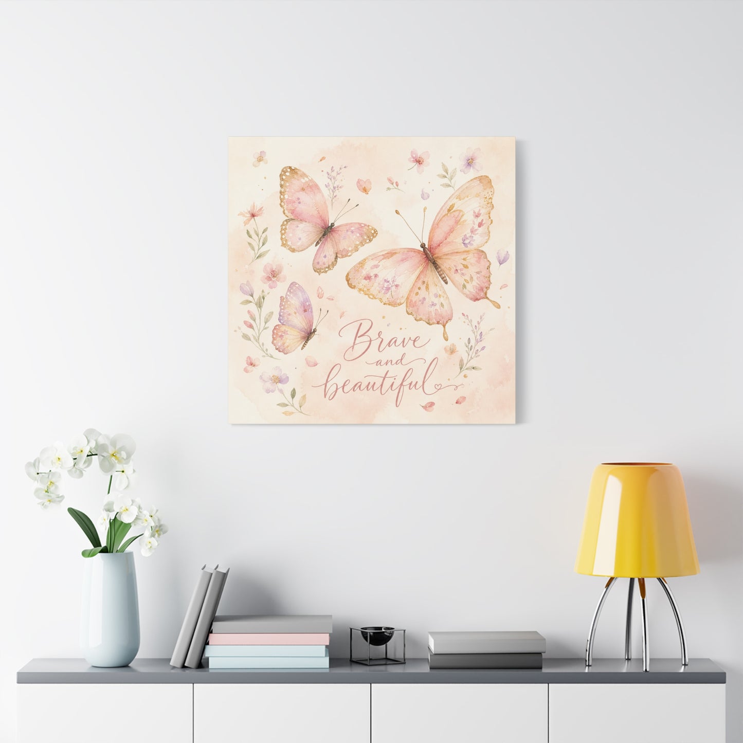 "Brave And Beautiful" Butterfly Canvas Wall Art - Pink Floral Watercolor Quote Print - Inspirational Girls Bedroom Decor - Nursery Wall Hanging - Bedroom Home Decoration - Modern Farmhouse Style