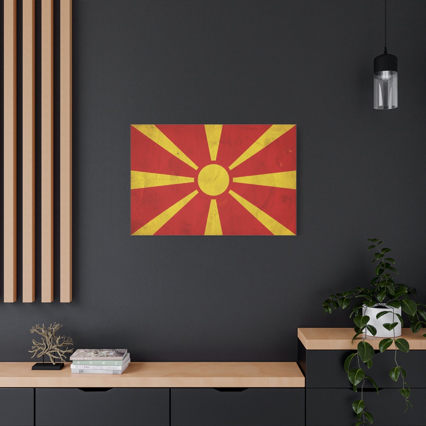 North Macedonia Flag Canvas Wall Art - Vintage Sunburst National Banner Print - Red And Yellow Patriotic Decor - Retro Country Pride Style - Living Room Wall Decor - Bedroom Home Decoration