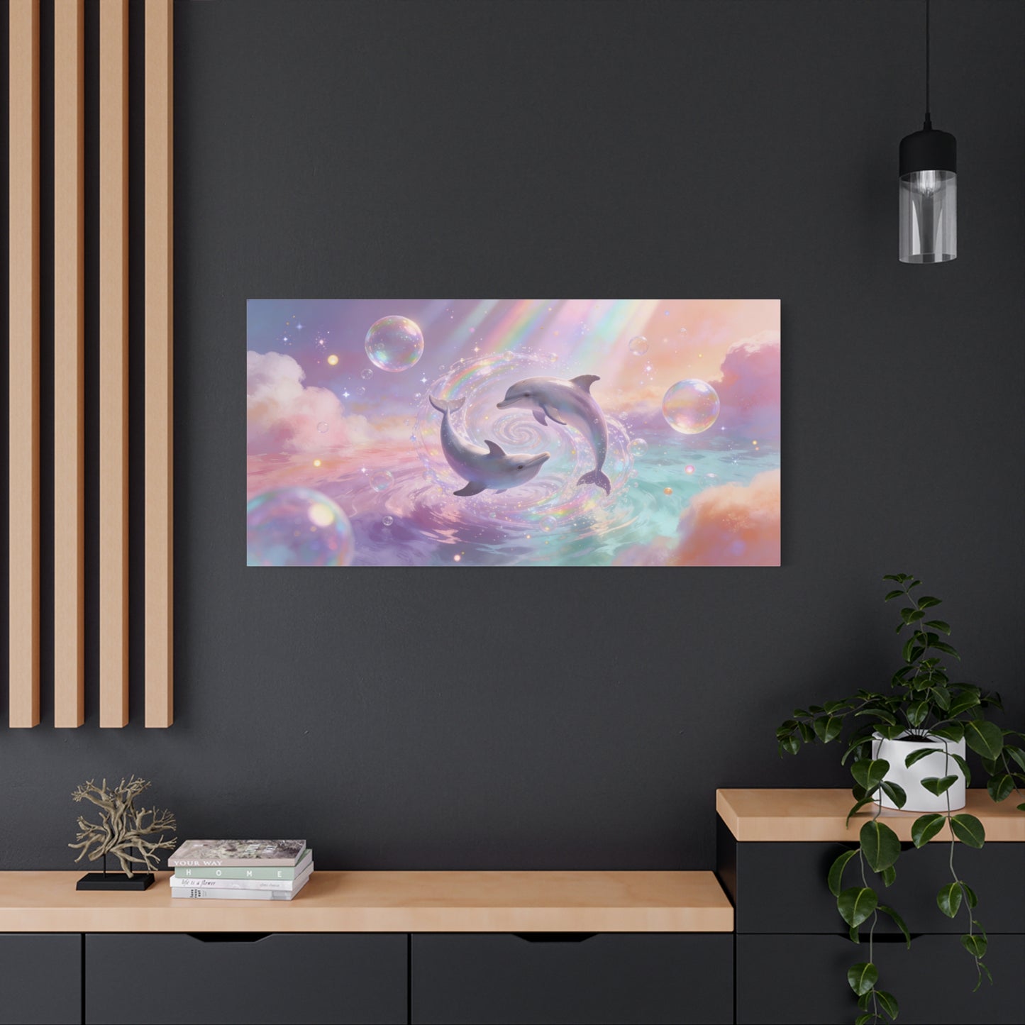 Dolphin Canvas Wall Art - Dreamy Ocean Swirl, Pastel Sky And Rainbow Light - Cotton Canvas Print - Whimsical Contemporary Style - Living Room Wall Decor, Bedroom Home Accent - Bedroom Home Decoration