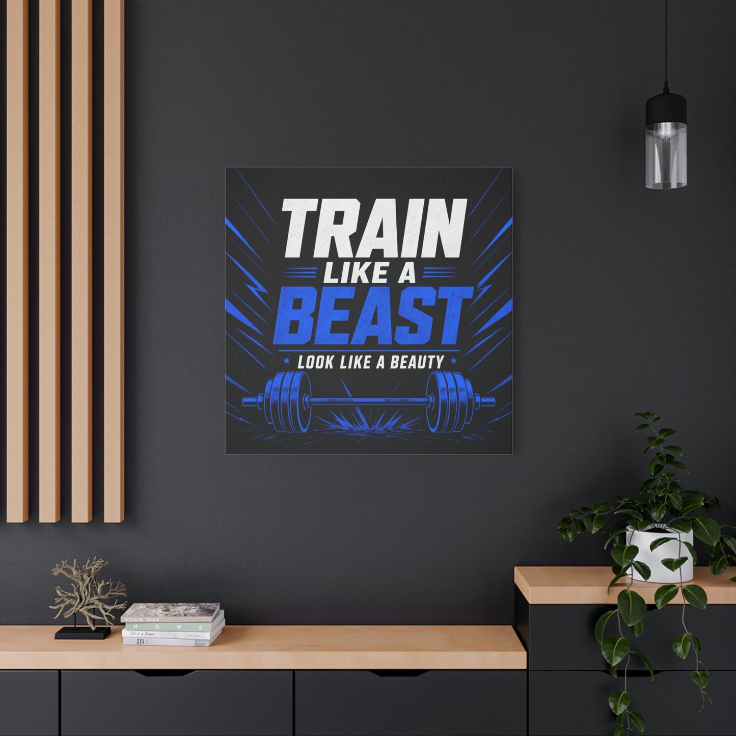 "Train Like A Beast Look Like A Beauty" Gym Canvas Wall Art - Blue Black Barbell Typography Motivational Fitness Decor - Modern Sports Quote Print - Ready to Hang - Living Room Wall Decor