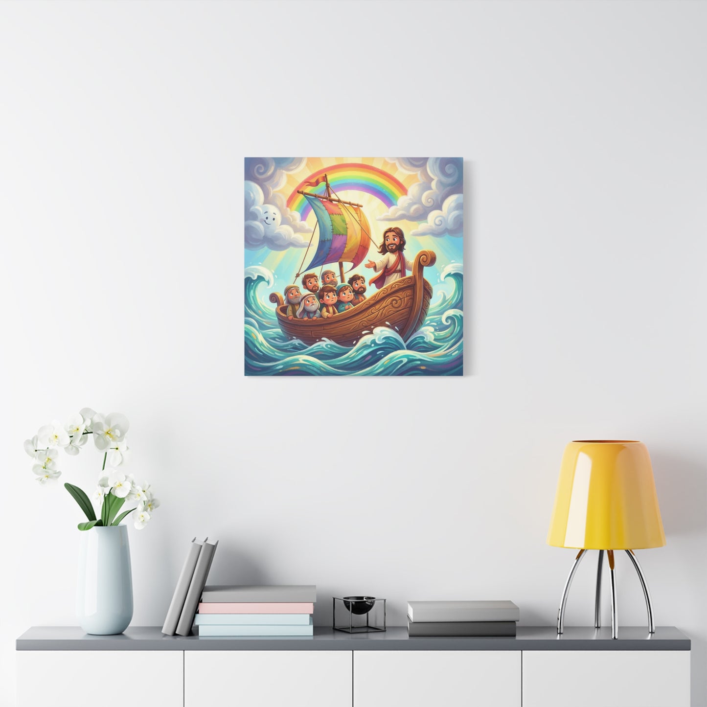 Jesus Boat Canvas Wall Art - Rainbow Sail, Disciples At Sea, Christian Nursery Decor - Matte Cotton Print - Whimsical Religious Style For Kids Bedroom Playroom Home Decoration - Living Room Wall Decor
