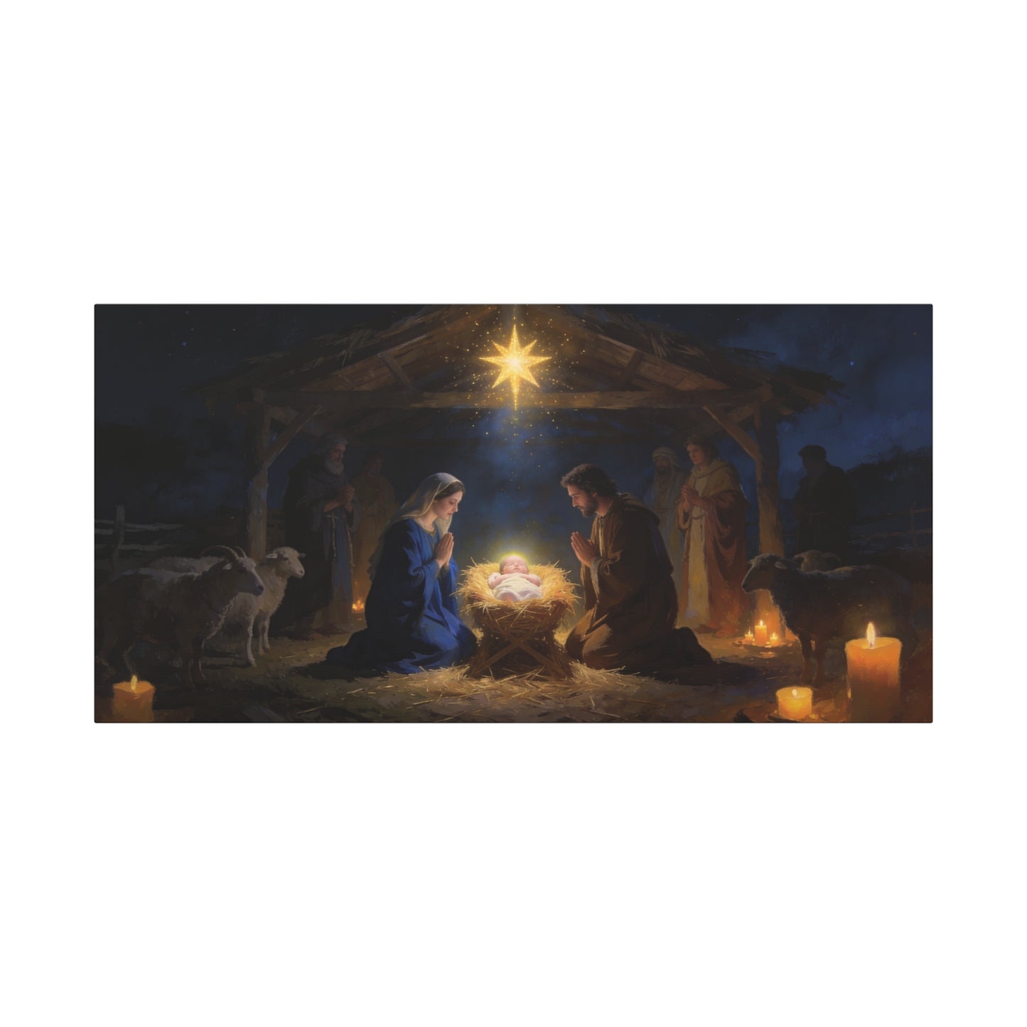 Nativity Scene Canvas Wall Art - Virgin Mary, Joseph, Baby Jesus In Manger - Starry Stable Religious Print - Traditional Christian Decor - Living Room Wall Decor Bedroom Home Decoration