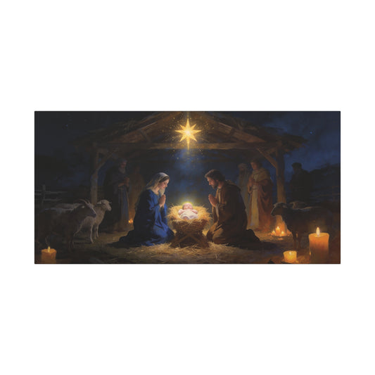 Nativity Scene Canvas Wall Art - Virgin Mary, Joseph, Baby Jesus In Manger - Starry Stable Religious Print - Traditional Christian Decor - Living Room Wall Decor Bedroom Home Decoration