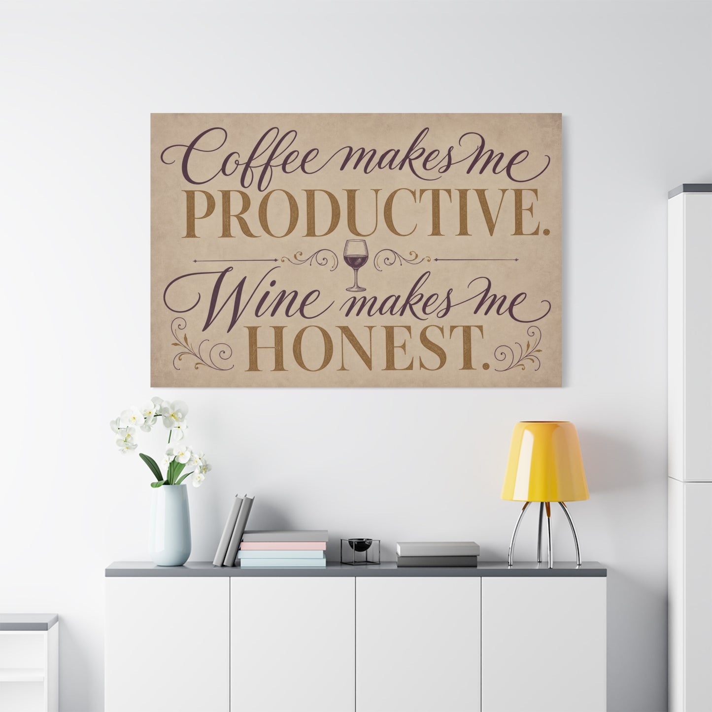 "Coffee Makes Me Productive. Wine Makes Me Honest." Canvas Wall Art - Vintage Typography Decor - Rustic Neutral Quote Print - Bar Cart Accent - Office Wall Art - Coffee Shop Decor - Espresso Bar Sign