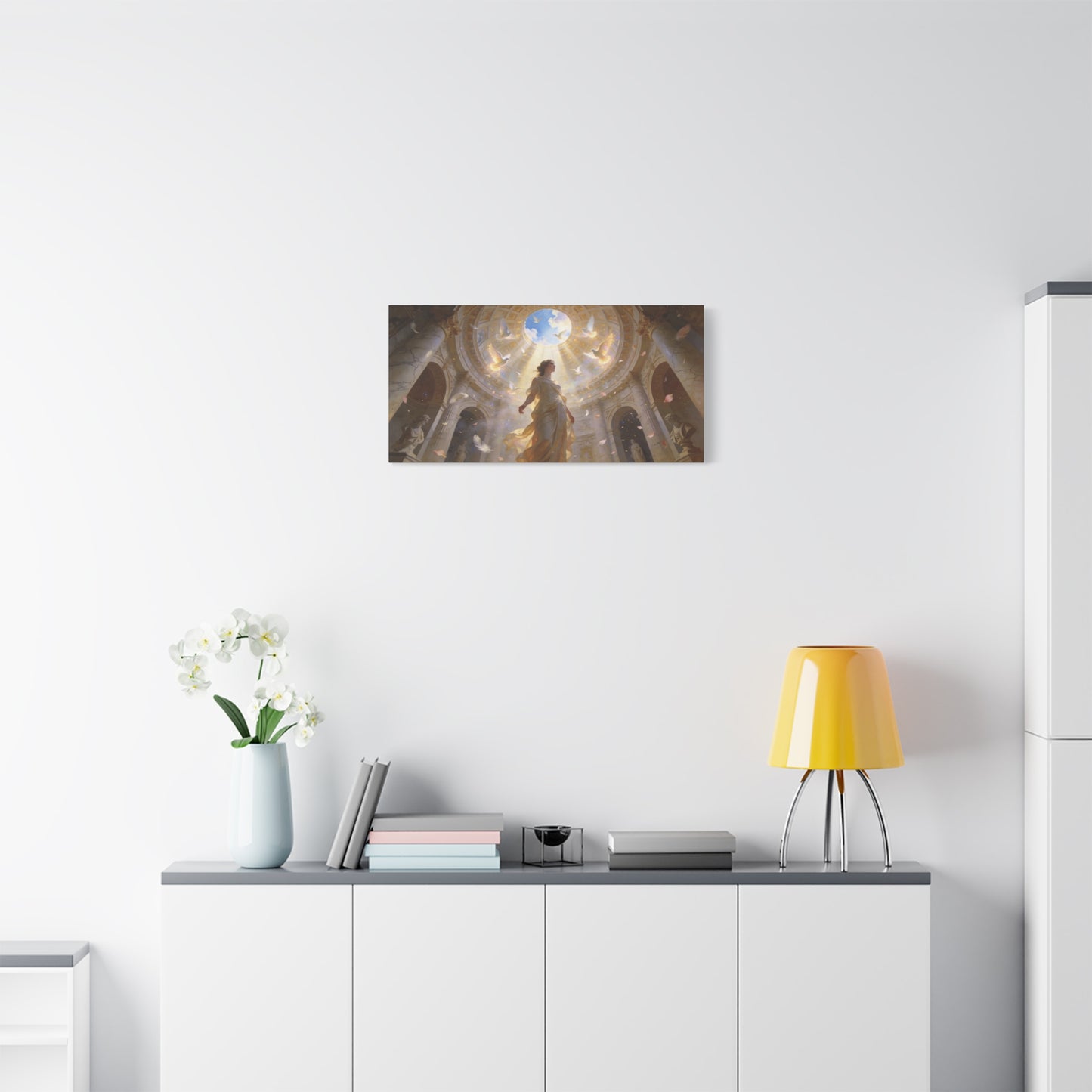Virgin Mary Canvas Wall Art - Heavenly Doves, Cathedral Dome Light - Matte Cotton Art Print - Traditional Religious Style - Bedroom Wall Decor, Meditation Space Accent - Bedroom Home Decoration