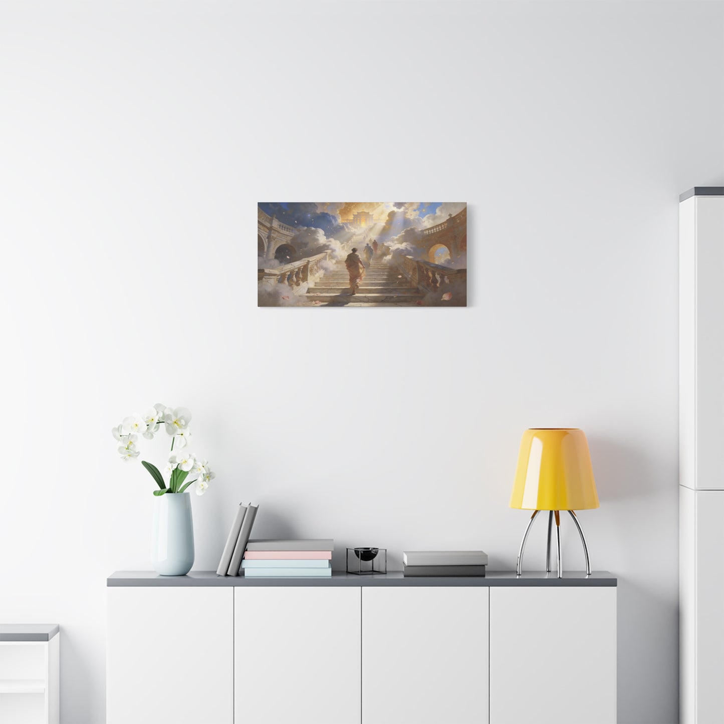 Celestial Stairway Canvas Wall Art - Figures Ascending Through Clouds, Golden Temple Light - Matte Cotton Art Print - Classical Fantasy Style - Living Room Wall Decor, Office Accent - Ready to Hang