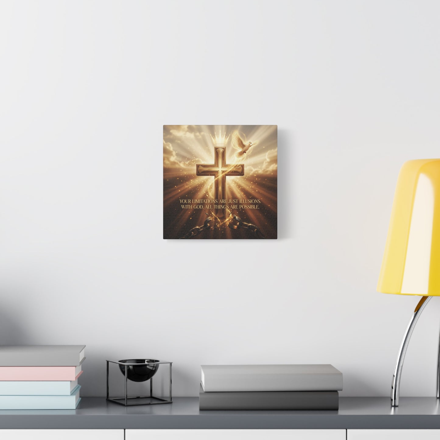 "Your Limitations Are Just Illusions. With God, All Things Are Possible." Christian Canvas Wall Art - Glowing Cross, White Dove, Crown, Broken Chains - Gold Religious Wall Decor For Living Room