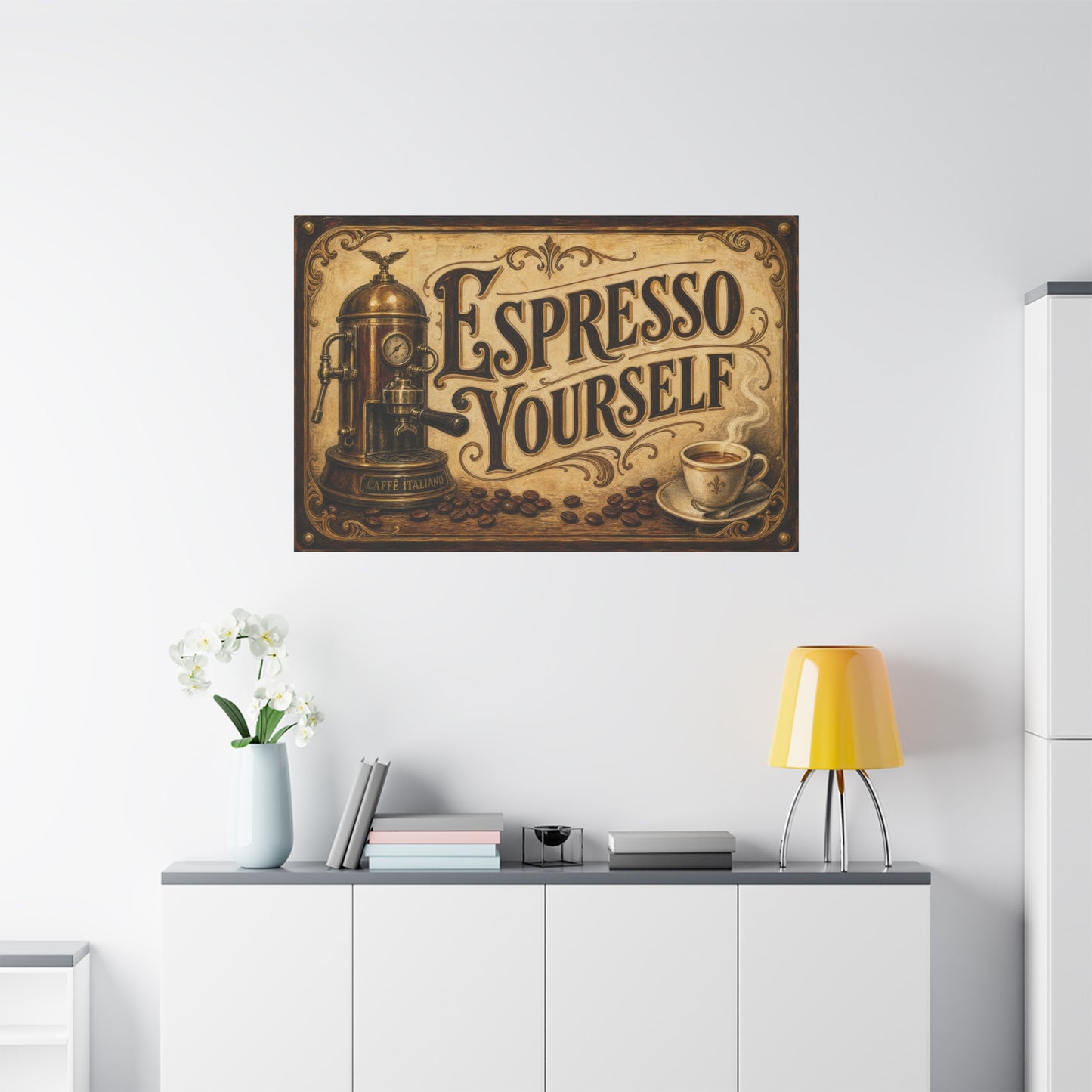 "Espresso Yourself" Coffee Canvas Wall Art - Vintage Espresso Machine, Cafe Decor - Matte Cotton Print, Rustic Farmhouse Style - Ready to Hang - Coffee Shop Decor - Cafe Wall Art - Matte Finish Print