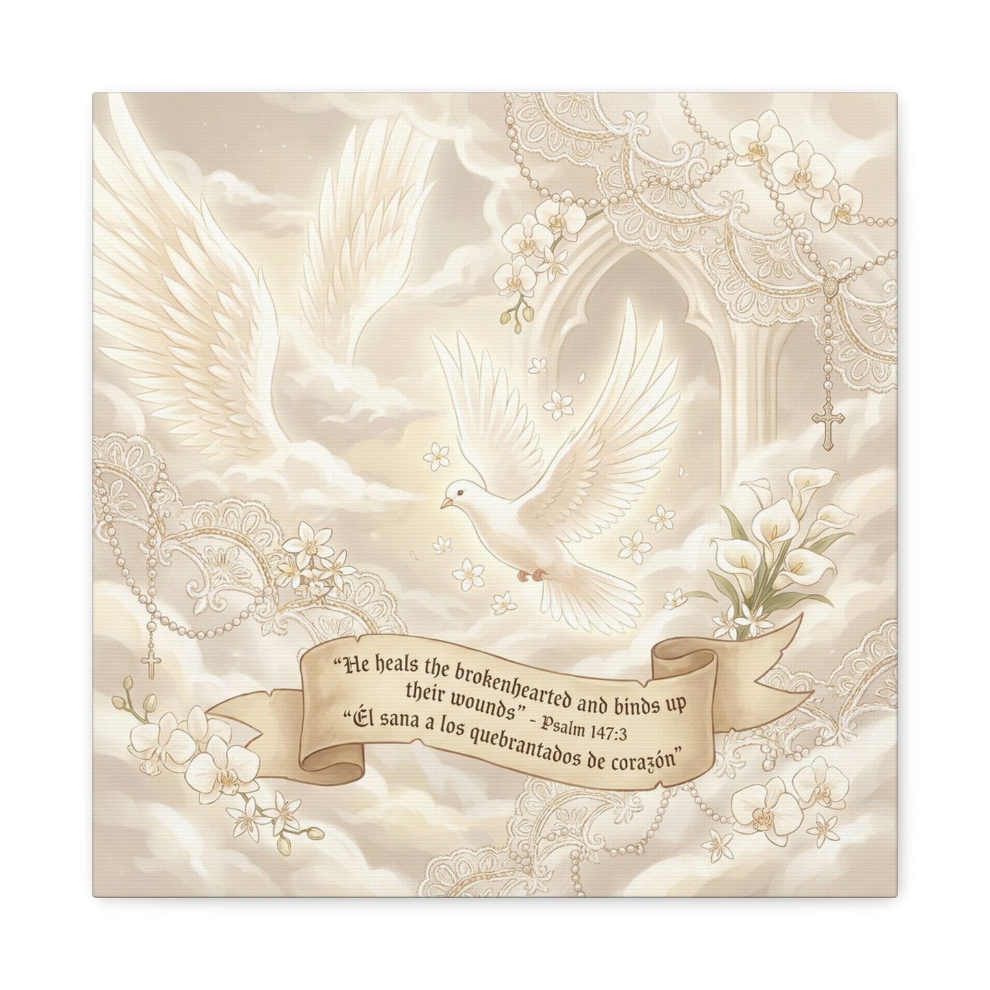 "He Heals The Brokenhearted And Binds Up Their Wounds" Canvas Wall Art - Dove, Cross, Psalm 147:3 Scripture Print - Beige Floral Christian Decor - Bedroom Living Room Home Decoration - Office Wall Art