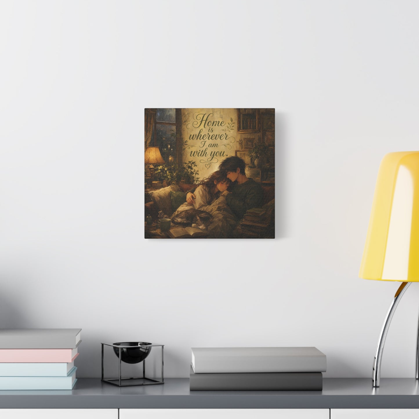 "Home Is Wherever I Am With You." Couple Canvas Wall Art - Romantic Cozy Reading Nook Quote Print - Vintage Warm Lamplight Style - Living Room Wall Decor, Bedroom Home Decoration - Ready to Hang