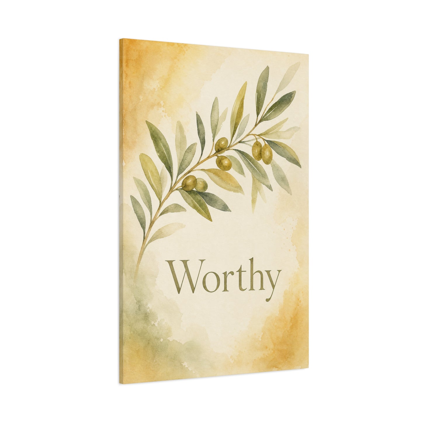 "Worthy" Olive Branch Canvas Wall Art - Botanical Inspirational Wall Decor - Watercolor Sage Gold Canvas Print - Bedroom Living Room Decoration - Ready to Hang - Bedroom Home Decoration