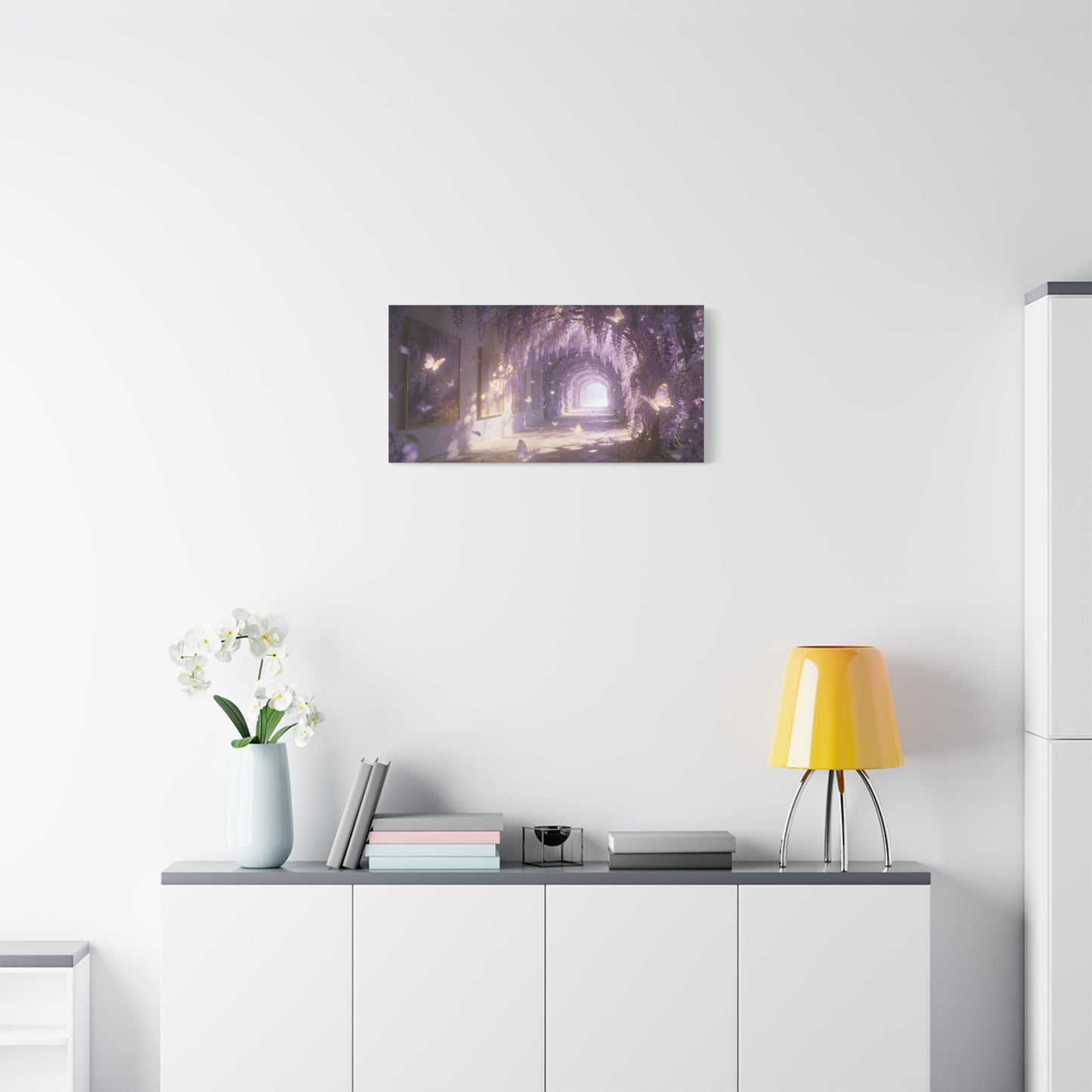 Wisteria Butterfly Canvas Wall Art - Dreamy Floral Tunnel Illustration, Lavender Glow, Matte Cotton Print - Contemporary Fantasy Style - Bedroom Wall Decor, Living Room Home Accent - Ready to Hang