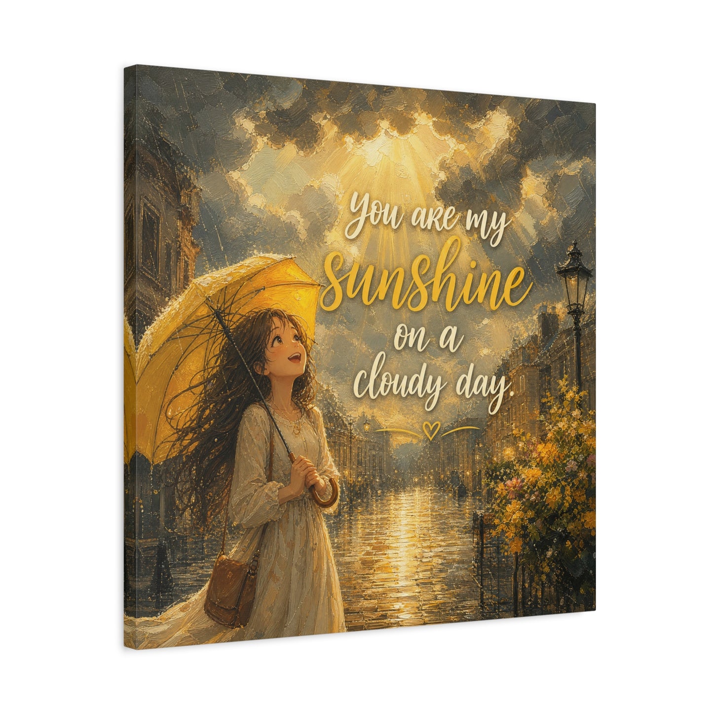 "You Are My Sunshine On A Cloudy Day" Canvas Wall Art - Girl With Yellow Umbrella Quote Print - Golden Rainy Street Painting, Inspirational Decor - Bedroom Home Decoration - Living Room Wall Decor